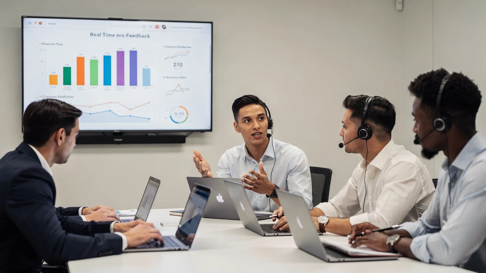 A small team of customer service agents in a training room practicing scenario-based roleplays on laptops, with one screen showing real-time feedback and a simple performance analytics dashboard.