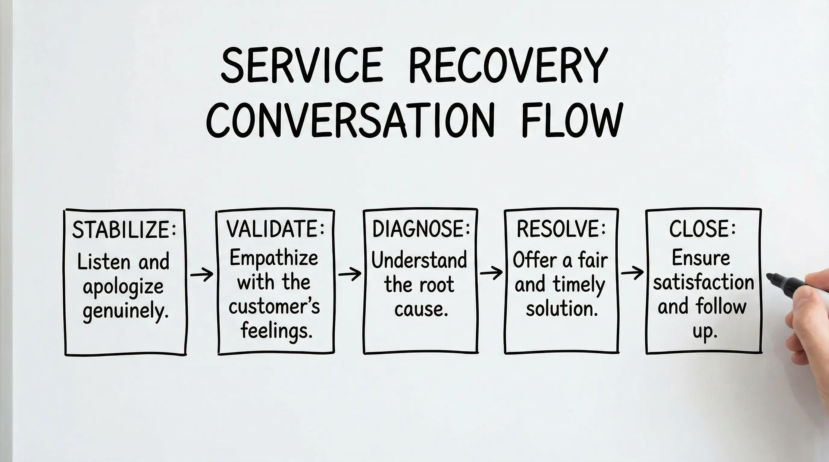 A simple five-step flow diagram of a service recovery conversation: Stabilize, Validate, Diagnose, Resolve, Close. Each step has a short one-line description, designed as a clean training visual.
