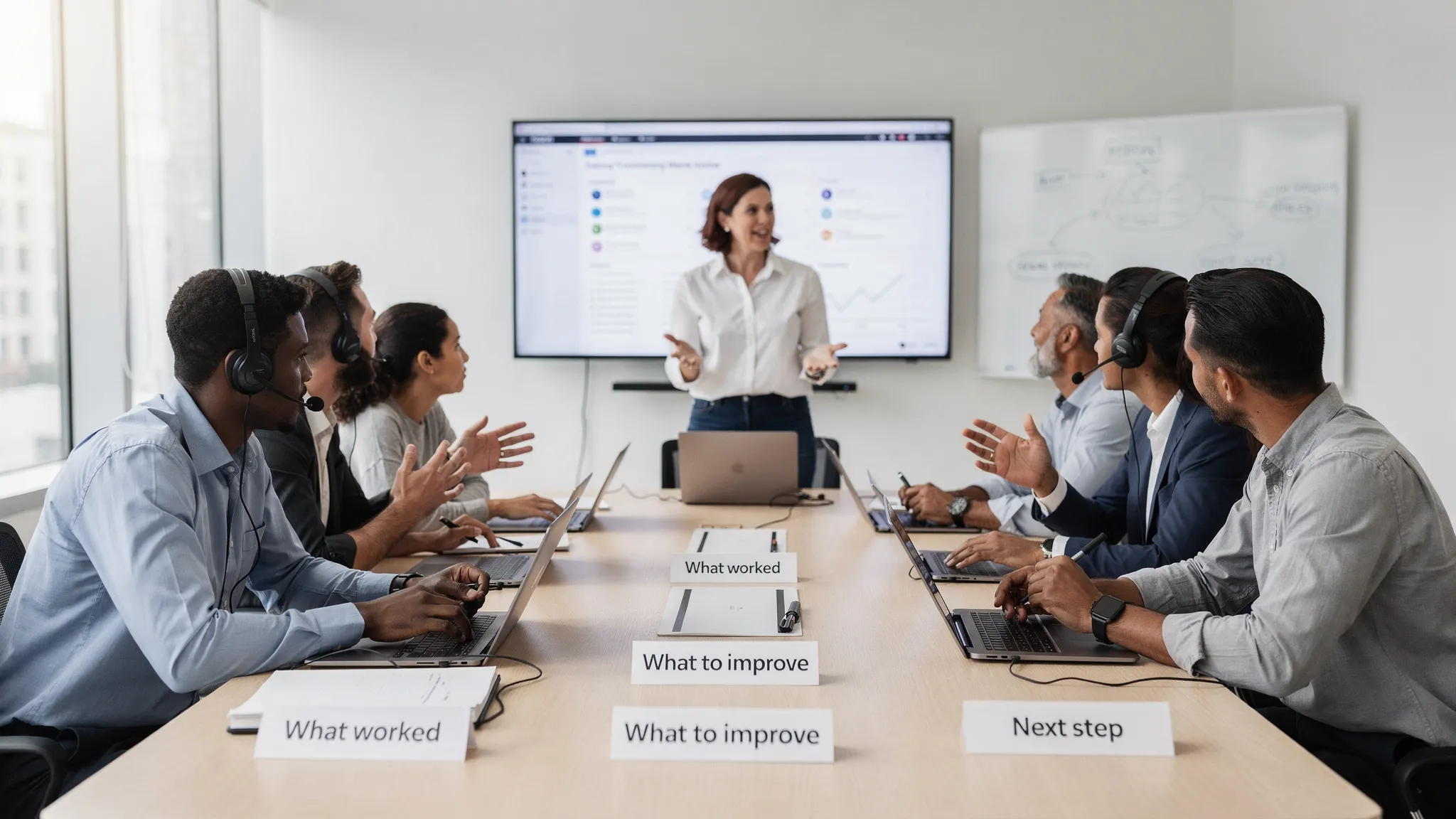 A revenue team practicing customer conversations in a modern training room, with sales, support, and customer success roles represented around a table and simple feedback cards visible nearby.