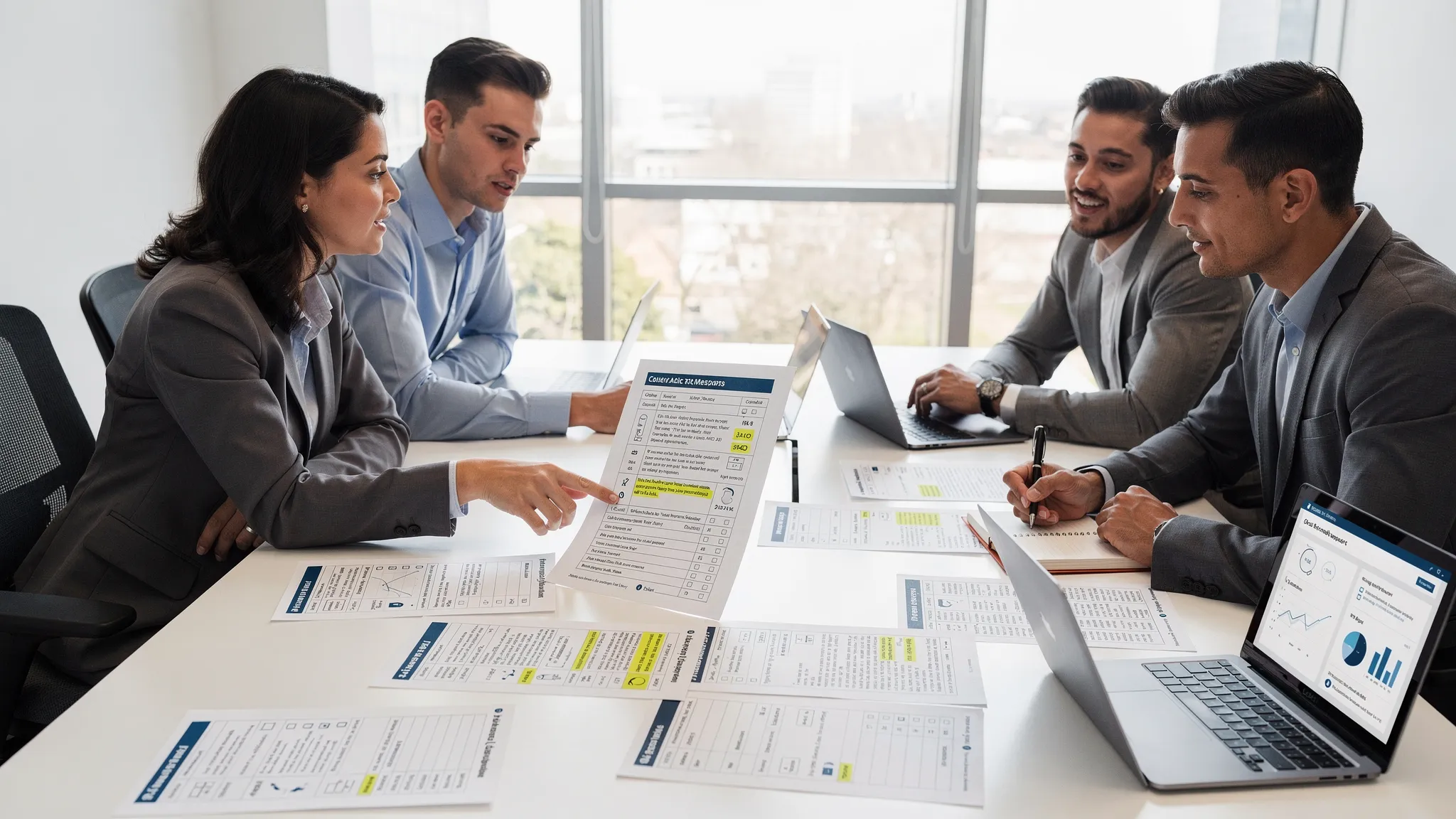 A support QA calibration meeting scene with a small group reviewing printed scorecards and call transcripts on a conference table, highlighting collaboration and alignment.