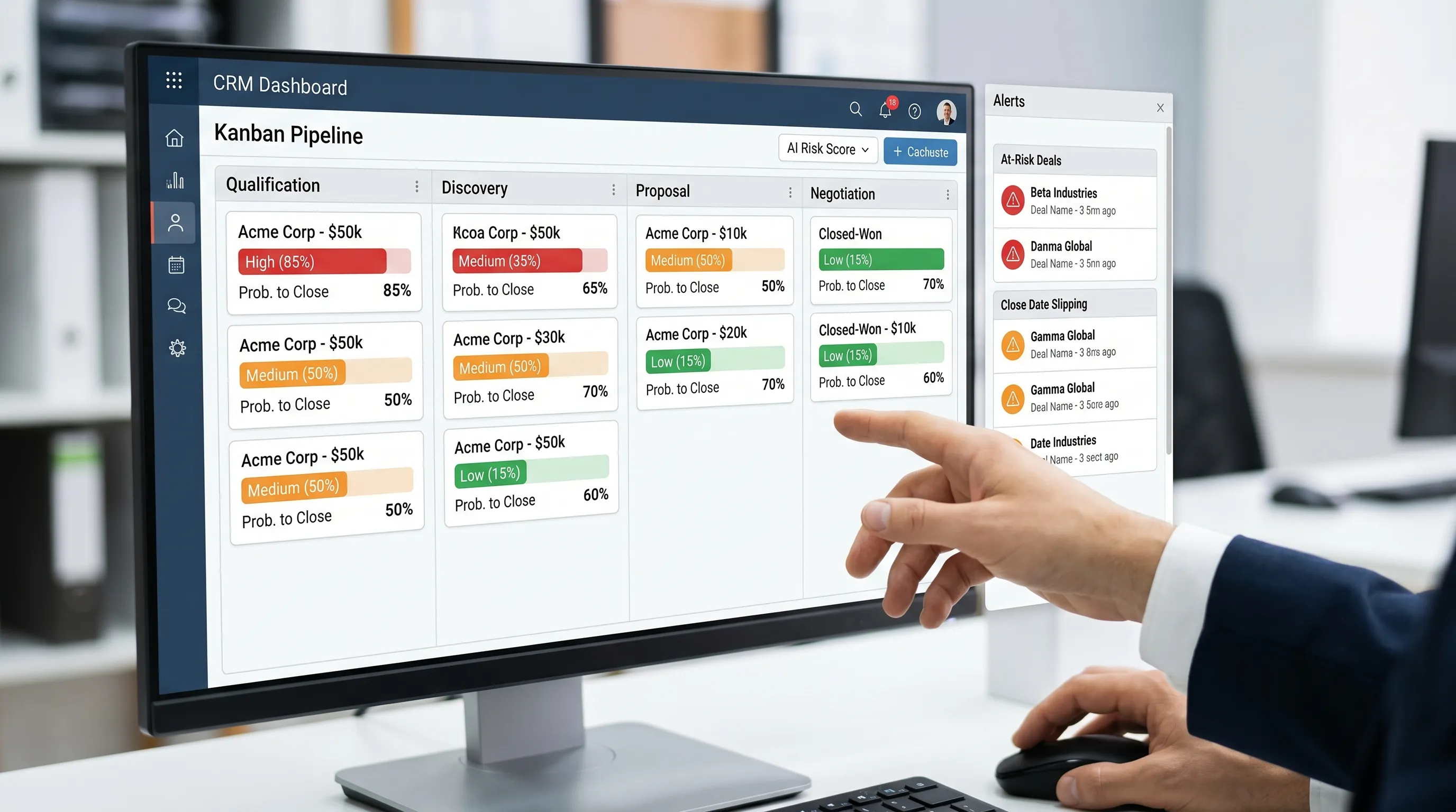 A CRM-style pipeline dashboard showing opportunities by stage, each with an AI risk score and a probability-to-close indicator, plus a small panel highlighting “at-risk deals” and “close date slipping” alerts.