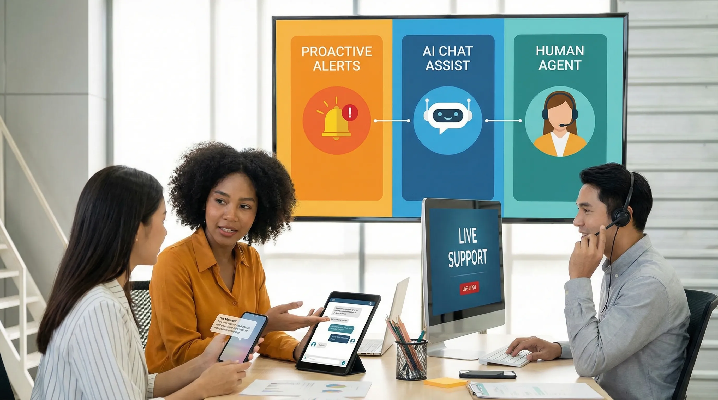 A simple customer support flow showing proactive notifications, AI self-service, and a clear escalation path to a human agent for complex issues.