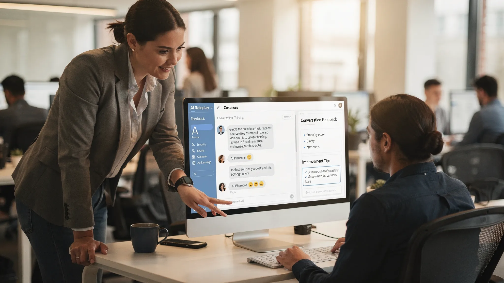 A support team lead coaching an agent using AI roleplay training, with a clear view of conversation feedback and improvement tips.