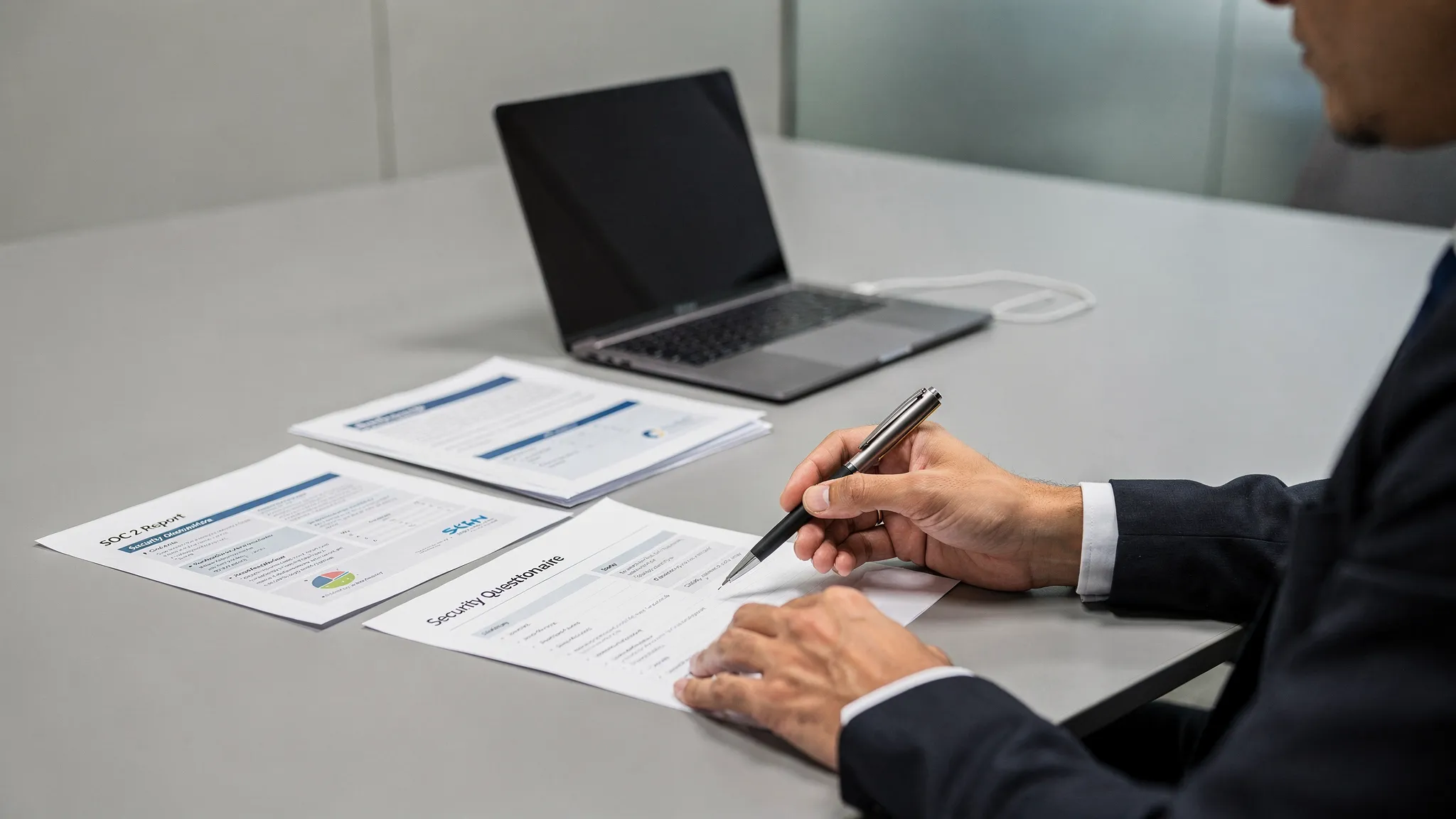 An IT security review meeting where a buyer reviews an AI vendor’s SOC 2 report and security questionnaire on paper, with a laptop closed and a neutral office background.
