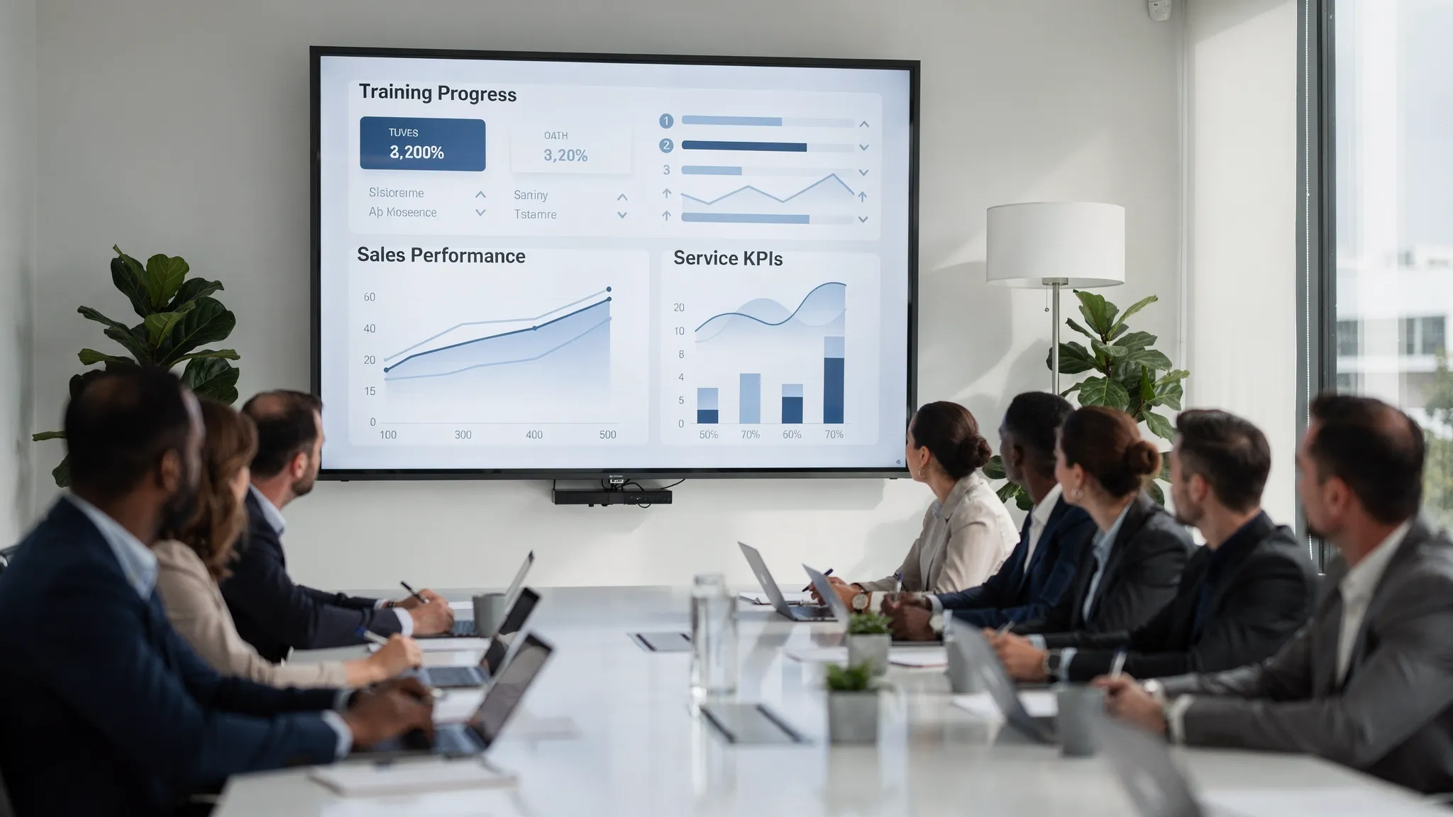 A clean analytics dashboard concept showing training progress, performance metrics, and trend lines for a sales and service team, displayed on a wall monitor in a meeting room.