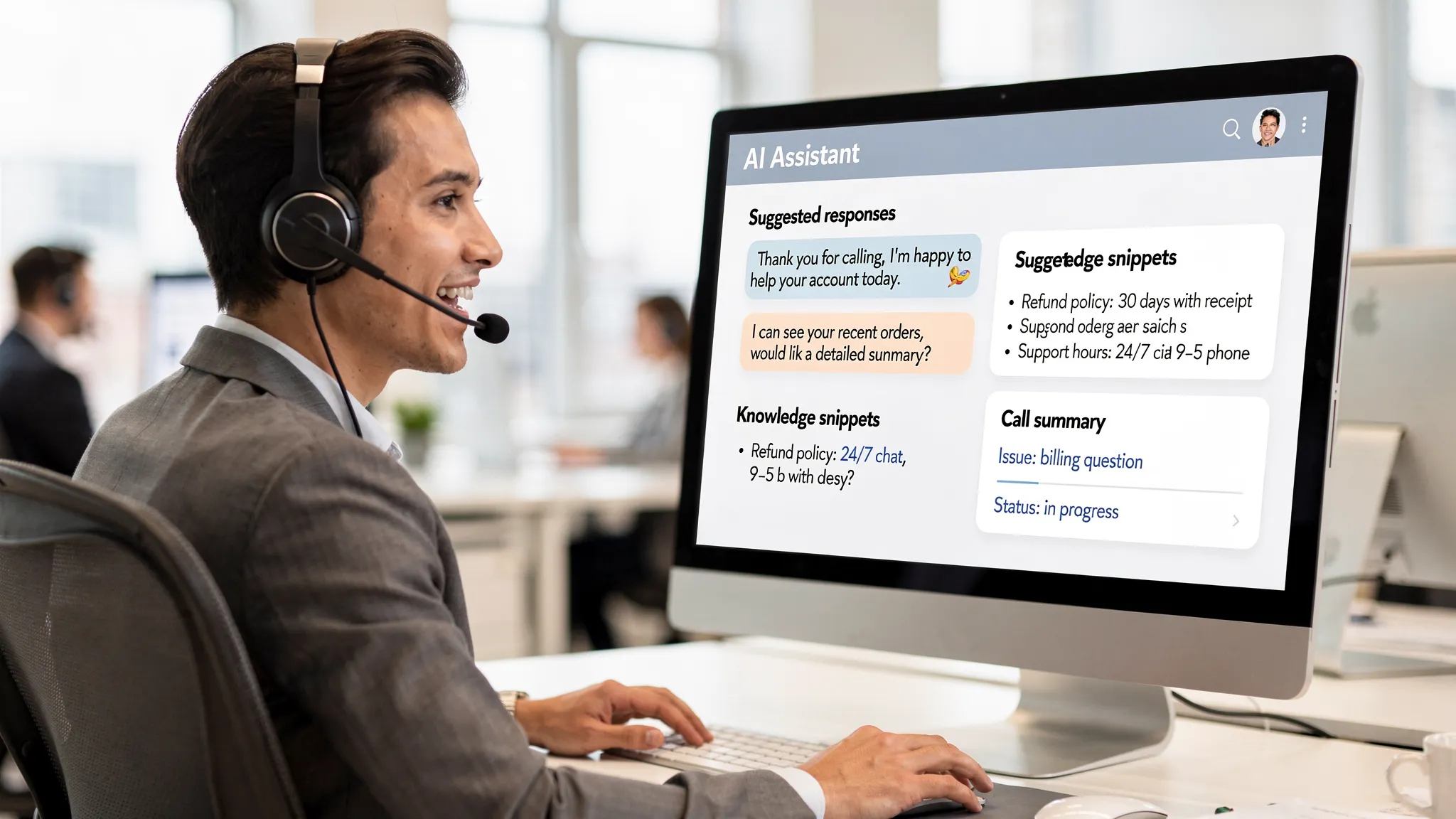 A customer support agent wearing a headset speaks with a customer while an on-screen AI assistant panel (facing the viewer) shows suggested responses, knowledge snippets, and a short call summary.