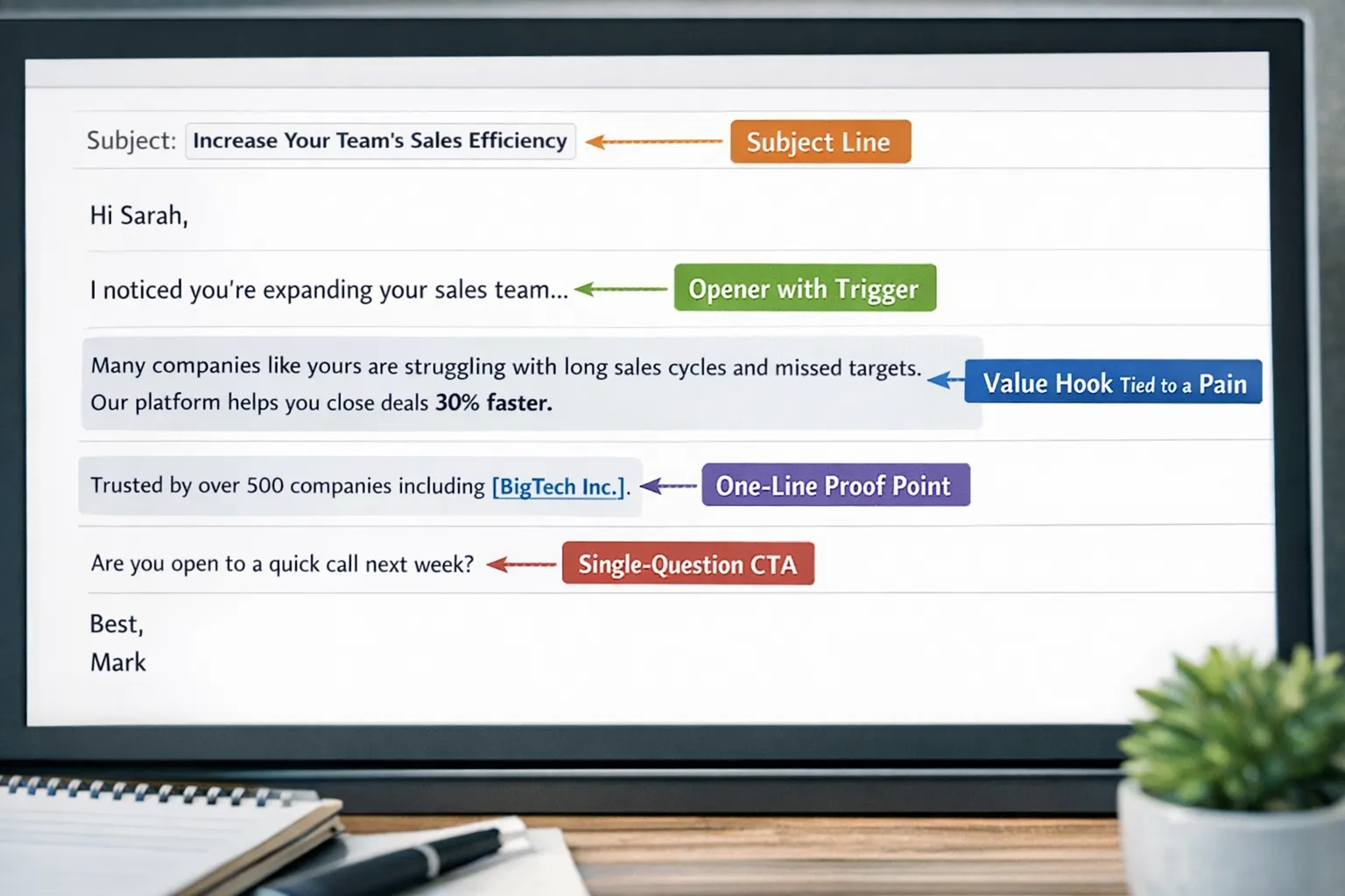 An annotated email mockup that highlights the five elements of a reply-worthy sales email, including subject line, opener with trigger, value hook tied to a pain, a one-line proof point, and a single-question CTA.