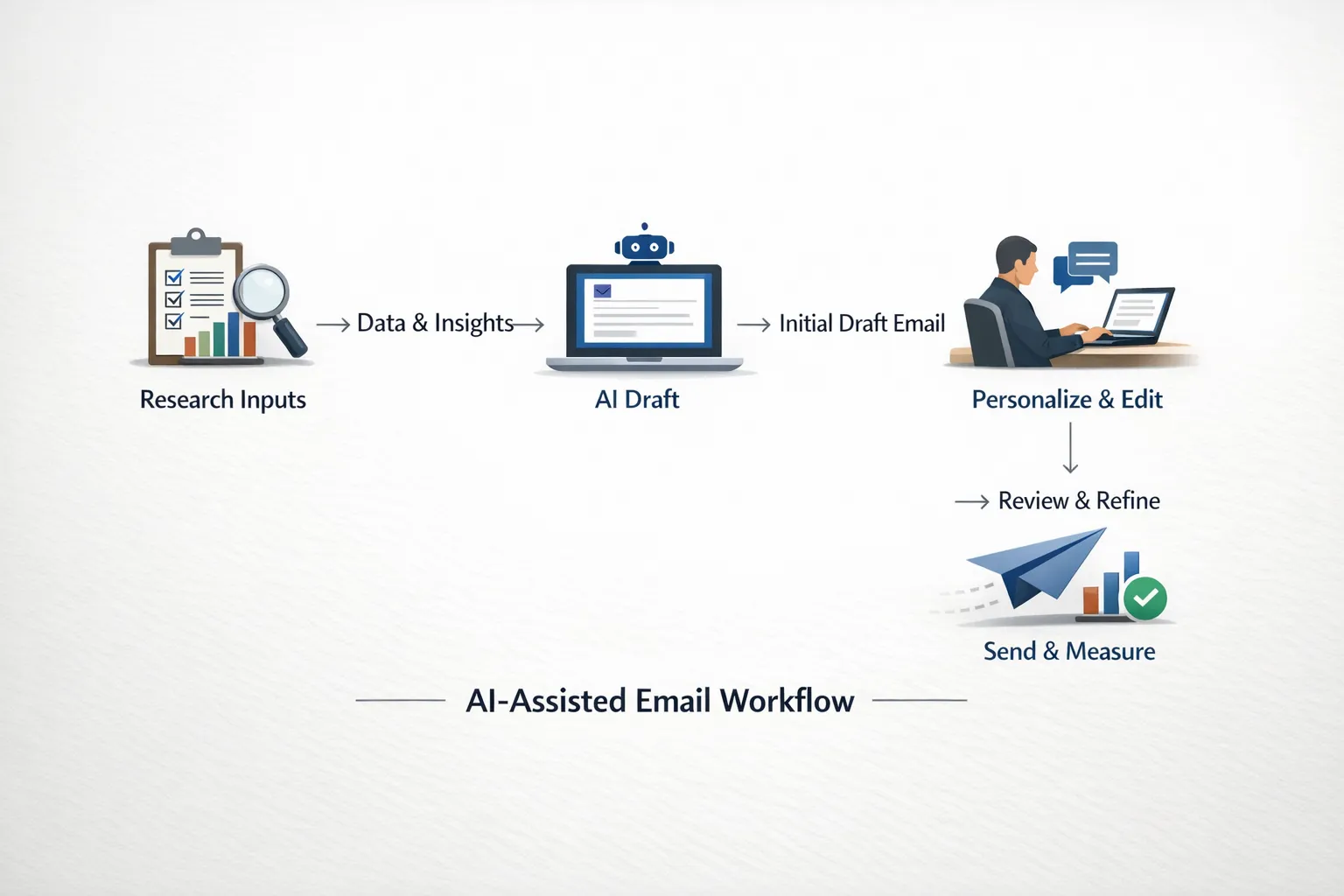 A simple four-step flow diagram showing an AI-assisted email workflow, from research inputs, to AI draft, to human personalization and editing, to send and measure, connected with arrows and short labels.