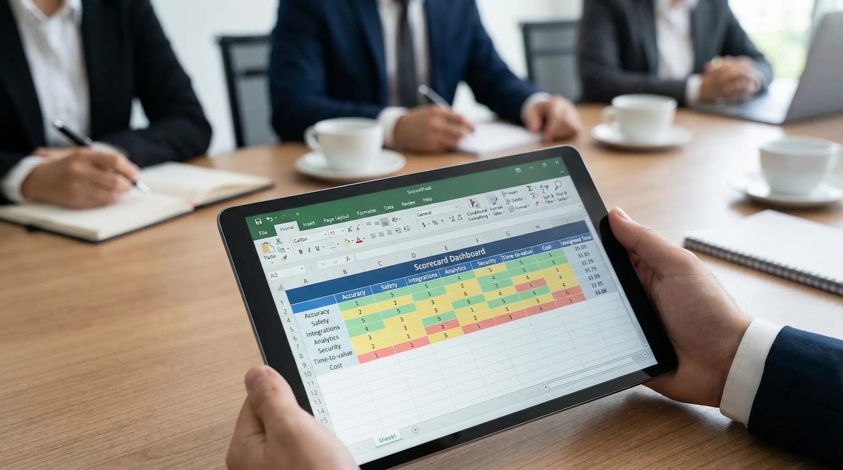 A simple scorecard dashboard concept showing columns for Accuracy, Safety, Integrations, Analytics, Security, Time-to-value, and Cost, with 1 to 5 ratings and weighted totals.