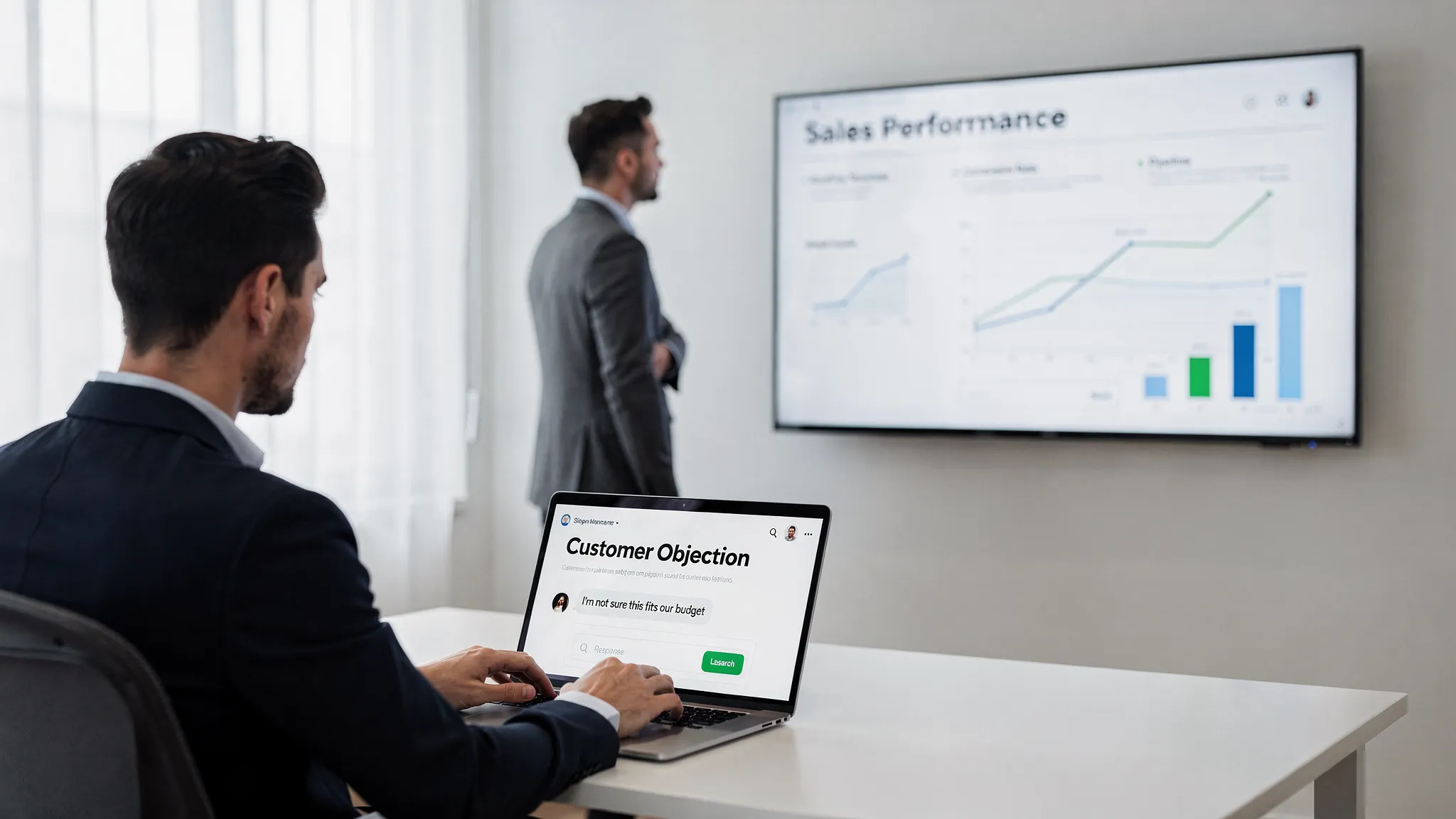 Sales rep at a laptop practicing an AI roleplay while a manager reviews a dashboard on a wall mounted screen in the background, both facing their screens in a modern office. The laptop shows a simulated objection prompt, the wall screen shows simple performance metrics and trends.