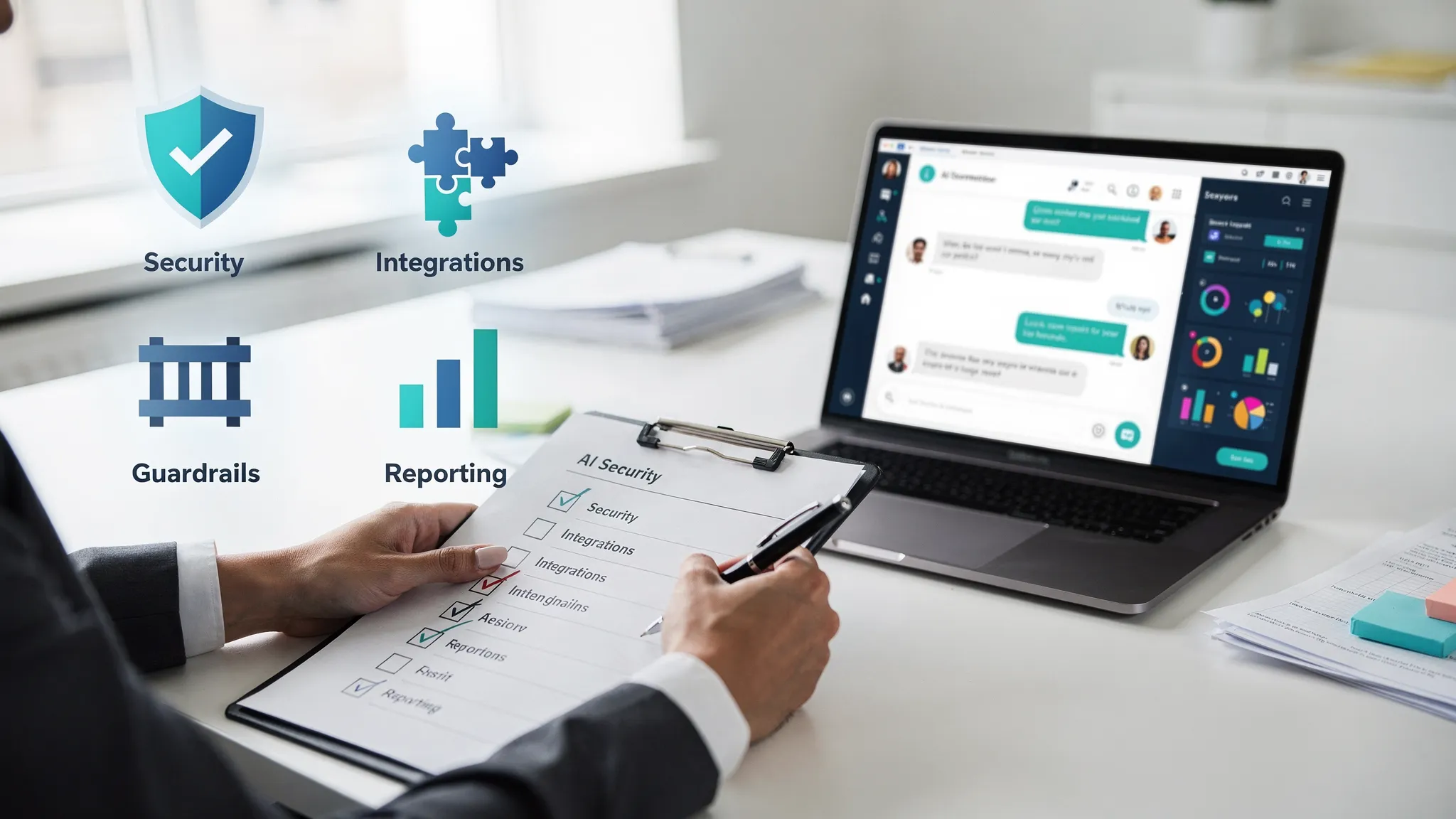 A buyer evaluating AI chat software using a checklist on a desk, with a laptop showing a chat interface and a side panel of analytics charts, alongside icons representing security, integrations, guardrails, and reporting.