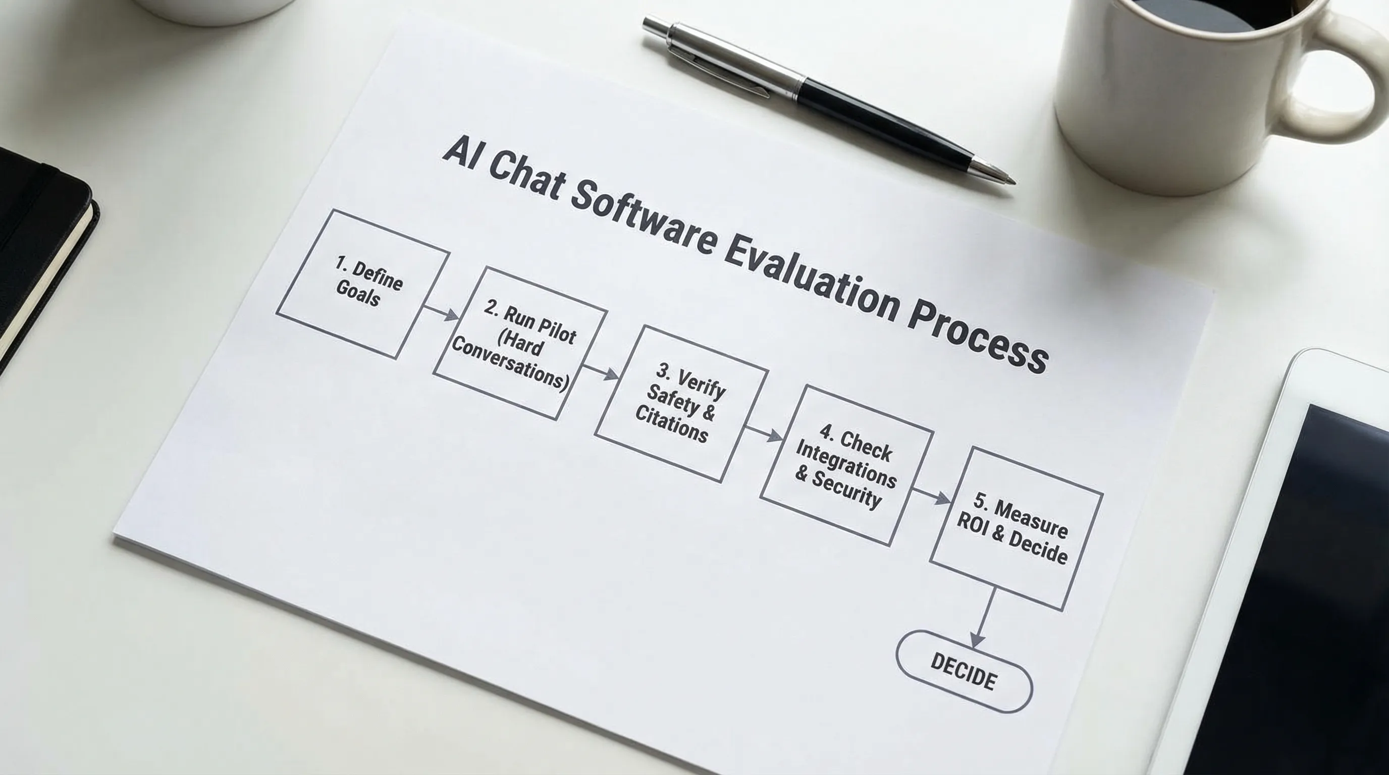 A simple flow diagram showing AI chat software evaluation: define goals, run a pilot with hard conversations, verify safety and citations, check integrations and security, then measure ROI and decide.