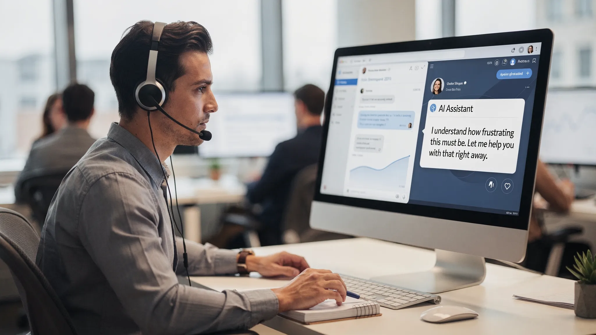 A customer support agent at a desk reviewing a chat conversation while an AI assistant panel suggests a concise, empathetic reply; the agent is focused and the workspace includes a headset, a notepad, and a simple dashboard view on the monitor.