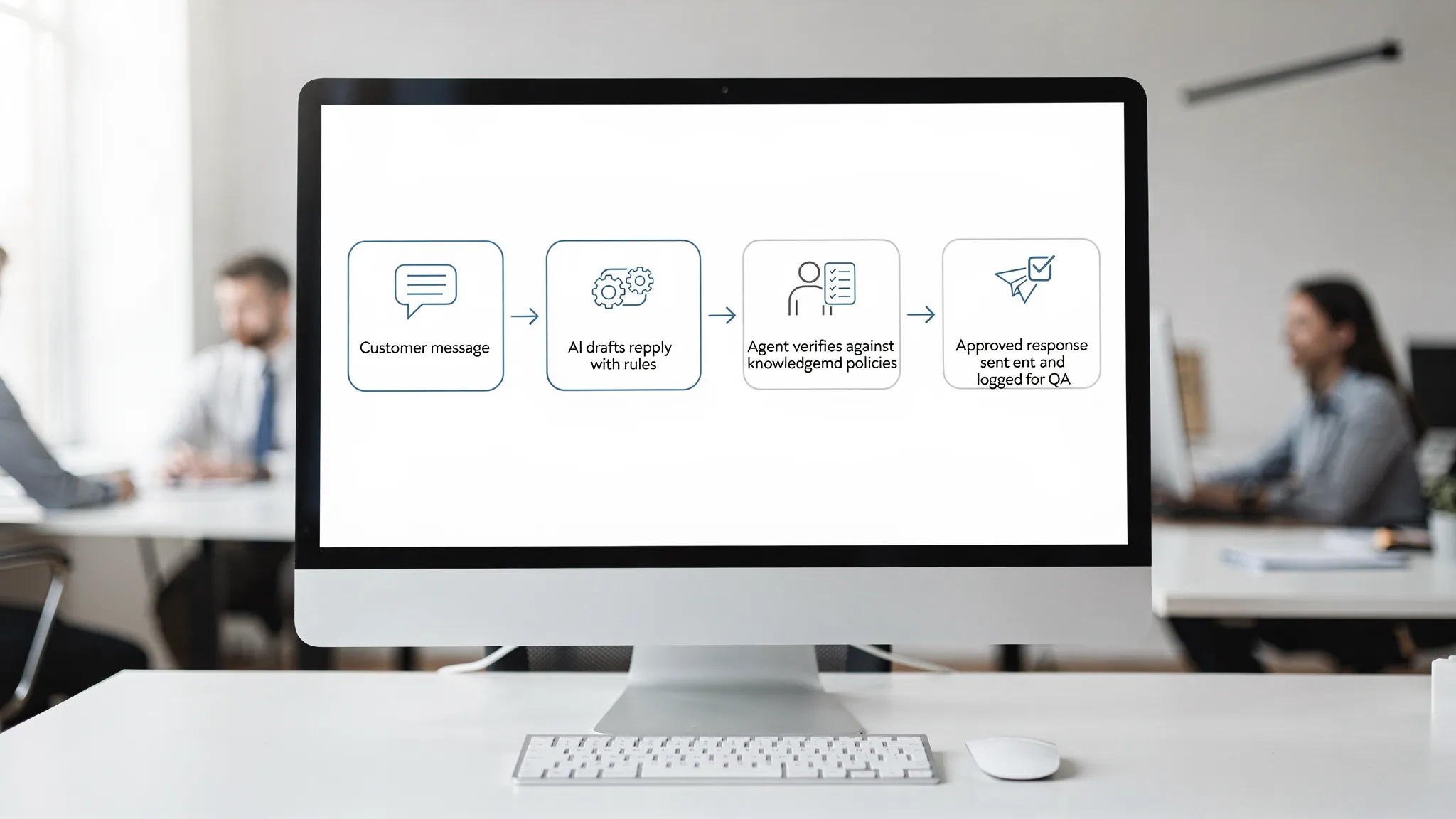 A simple diagram showing a safe customer service workflow with four steps: Customer message, AI drafts reply with rules, Agent verifies against knowledge and policies, Approved response sent and logged for QA.
