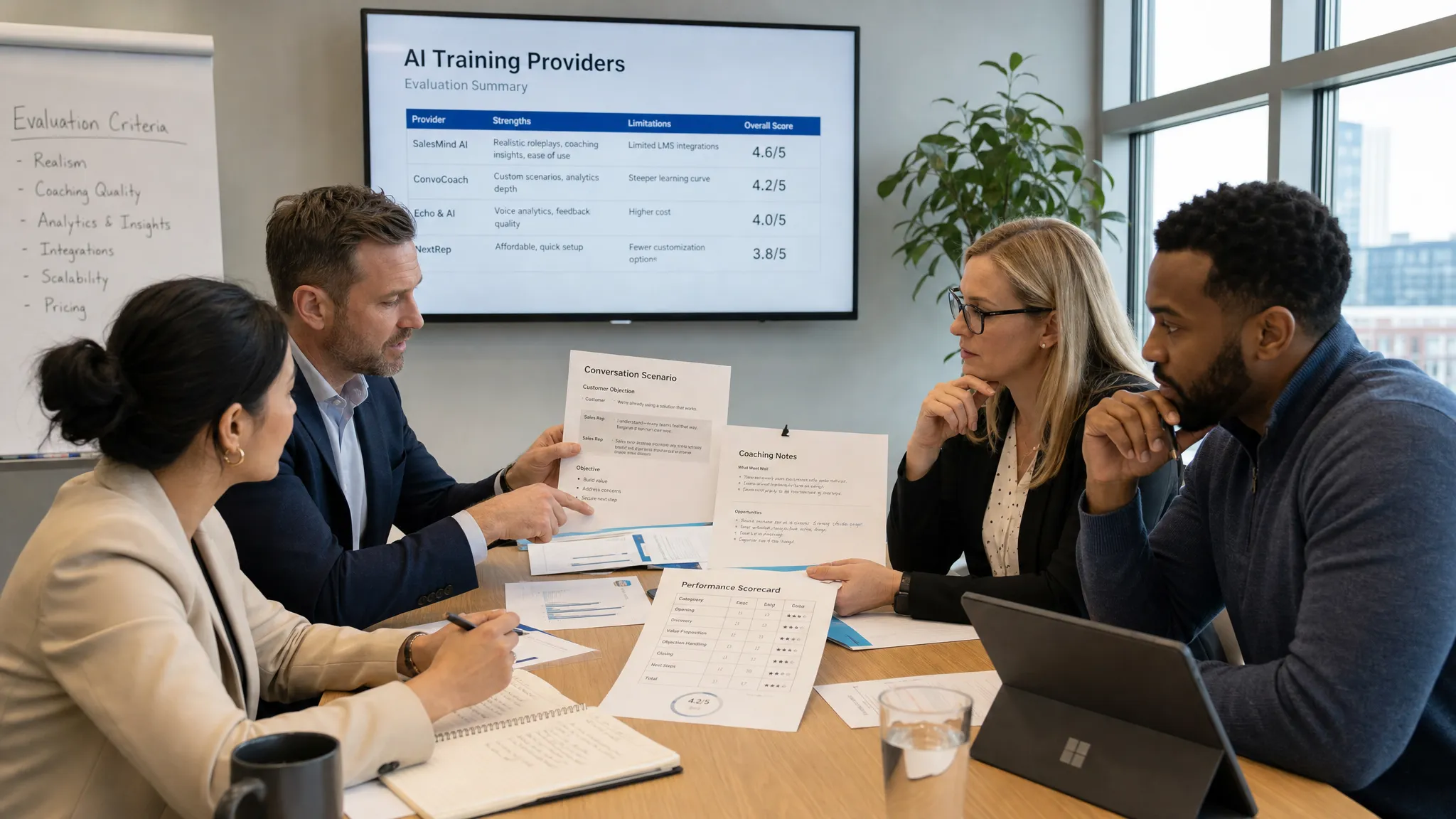 A small group of sales and customer service leaders gathered around a table with printed conversation scenarios, coaching notes, and performance scorecards, reviewing AI training providers in a modern meeting room.