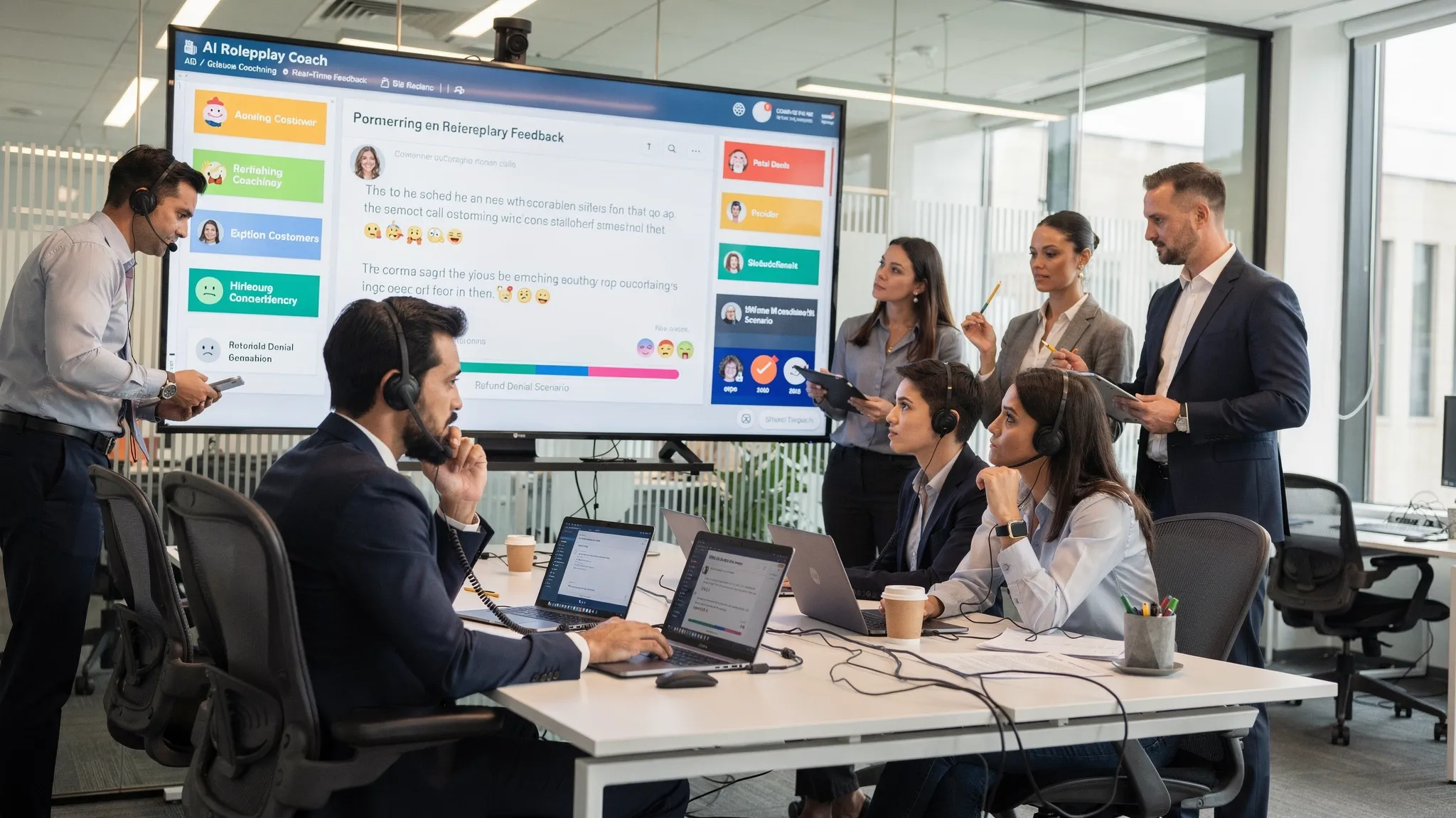 Modern customer service team in an office practicing tough escalation scenarios with an AI roleplay coach on a large screen, showing coaching tips and real-time feedback while an agent practices a refund denial call.