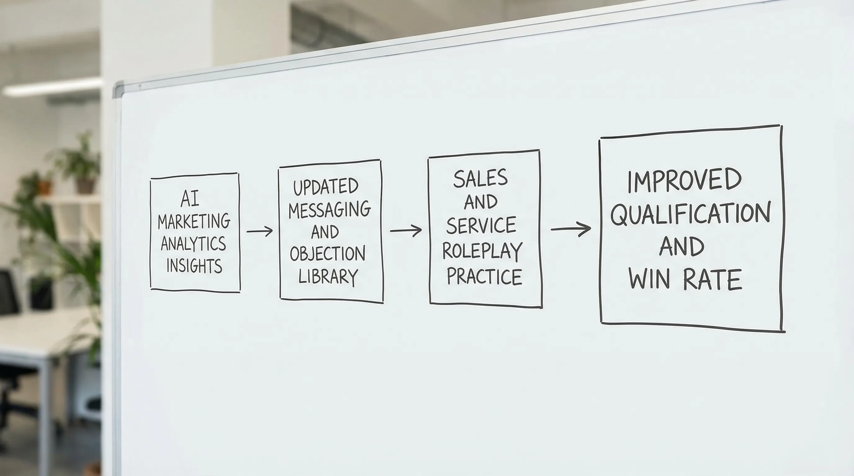 A simple workflow diagram showing “AI marketing analytics insights” flowing into “updated messaging and objection library” and then into “sales and service roleplay practice,” ending with “improved qualification and win rate.”