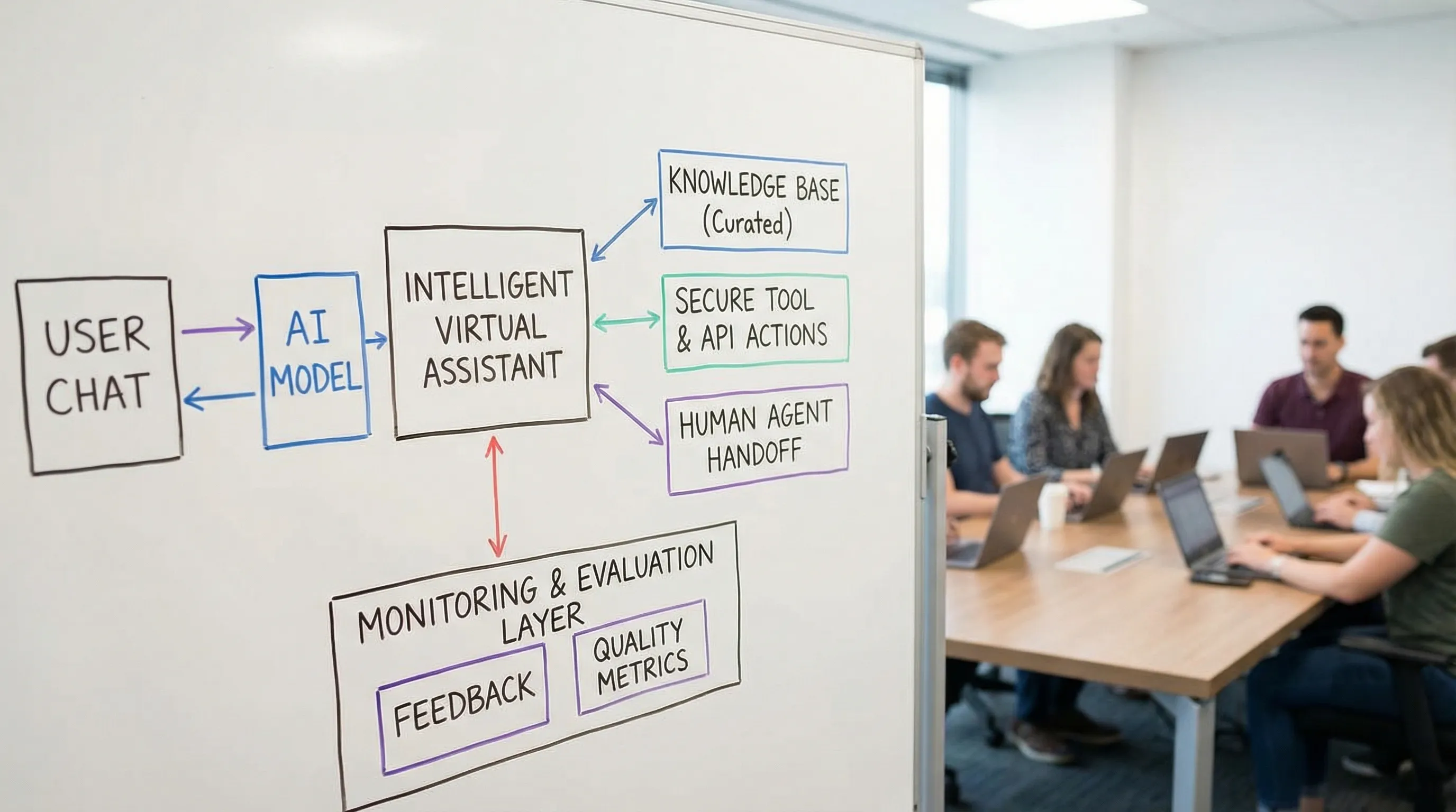 A simple architecture diagram of an intelligent virtual assistant showing a user chat connecting to an AI model, a curated knowledge base for retrieval, secure tool and API actions, a human agent handoff lane, and a monitoring and evaluation layer capturing feedback and quality metrics.