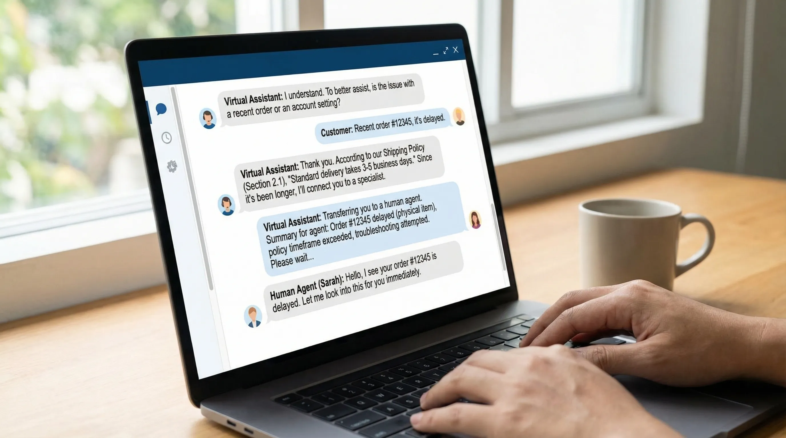 A customer support chat scene where an intelligent virtual assistant asks clarifying questions, cites a policy snippet, then offers a seamless handoff to a human agent with a short summary of the issue and steps already attempted.