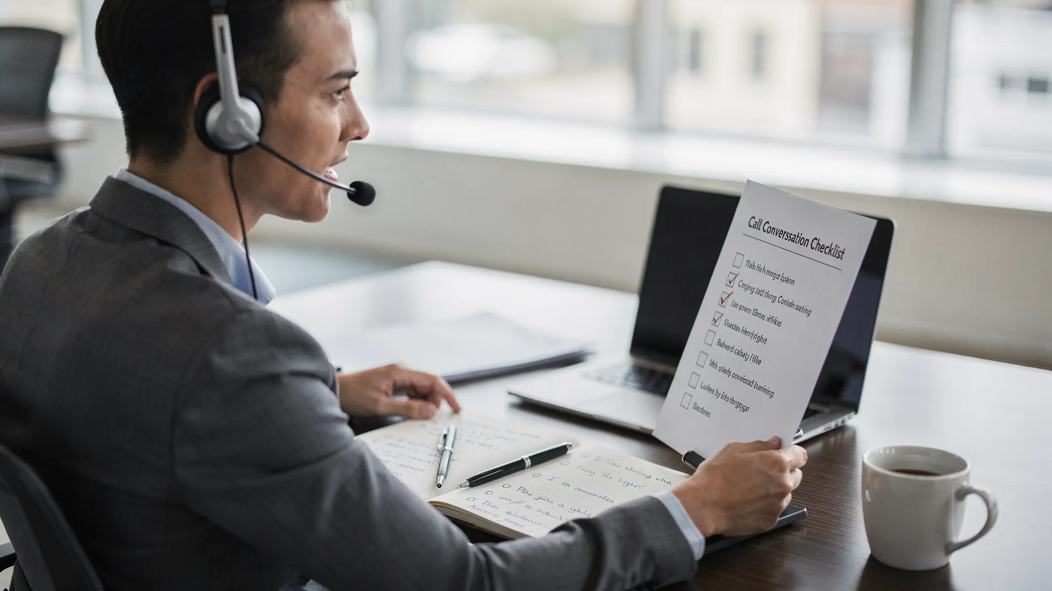 A sales professional practicing a customer conversation at a desk with notes, a headset, and a simple conversation checklist nearby.