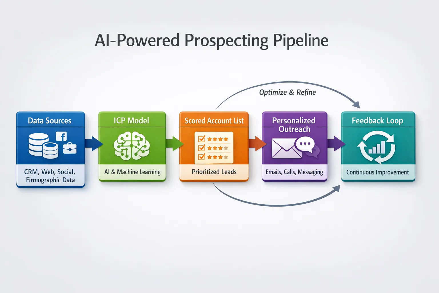 Simple flow diagram showing an AI powered prospecting pipeline with five blocks: Data sources, ICP model, Scored account list, Personalized outreach, Feedback loop for continuous improvement.