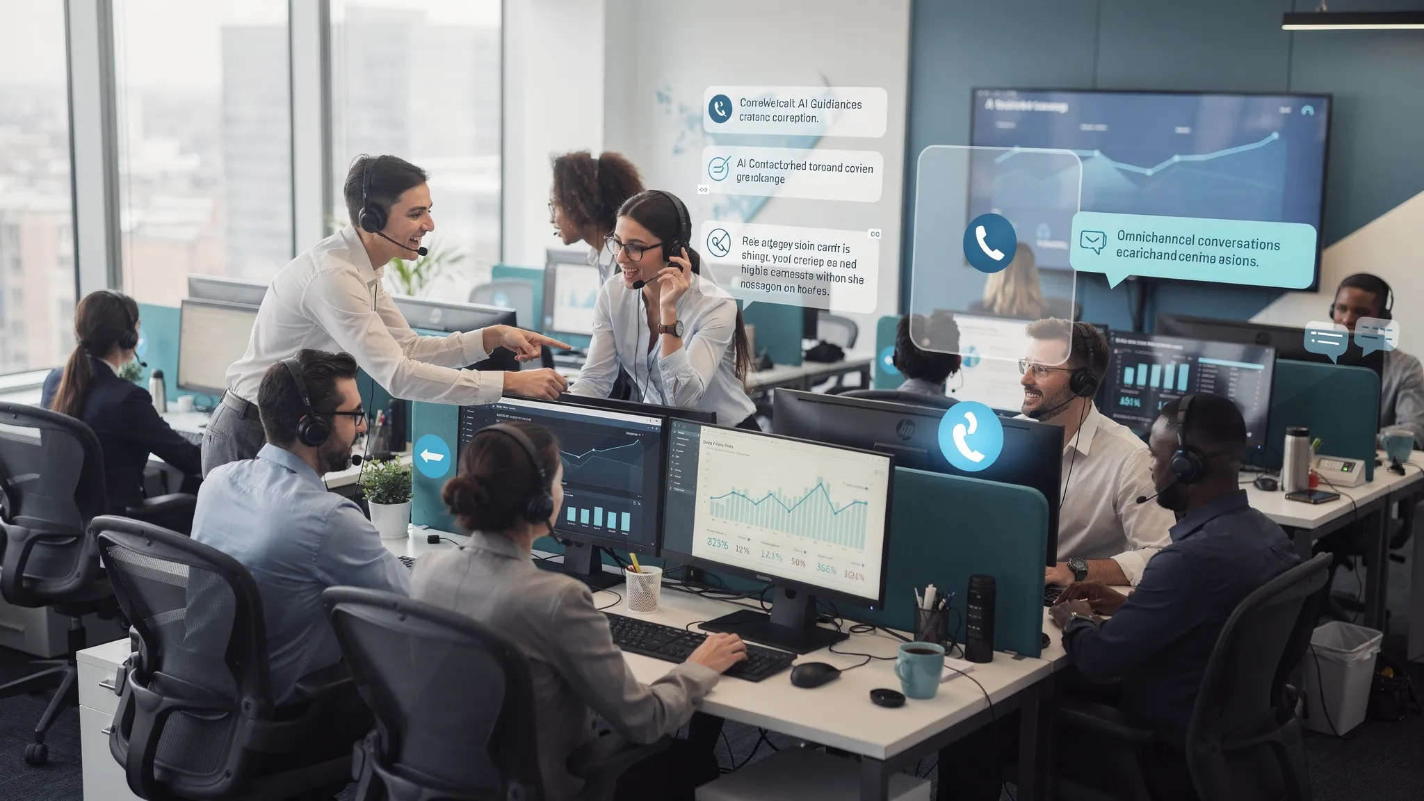 A modern contact center floor with headset-wearing agents collaborating while contextual AI guidance cards and real-time analytics hover above their screens, representing omnichannel conversations across voice, chat, and messaging.
