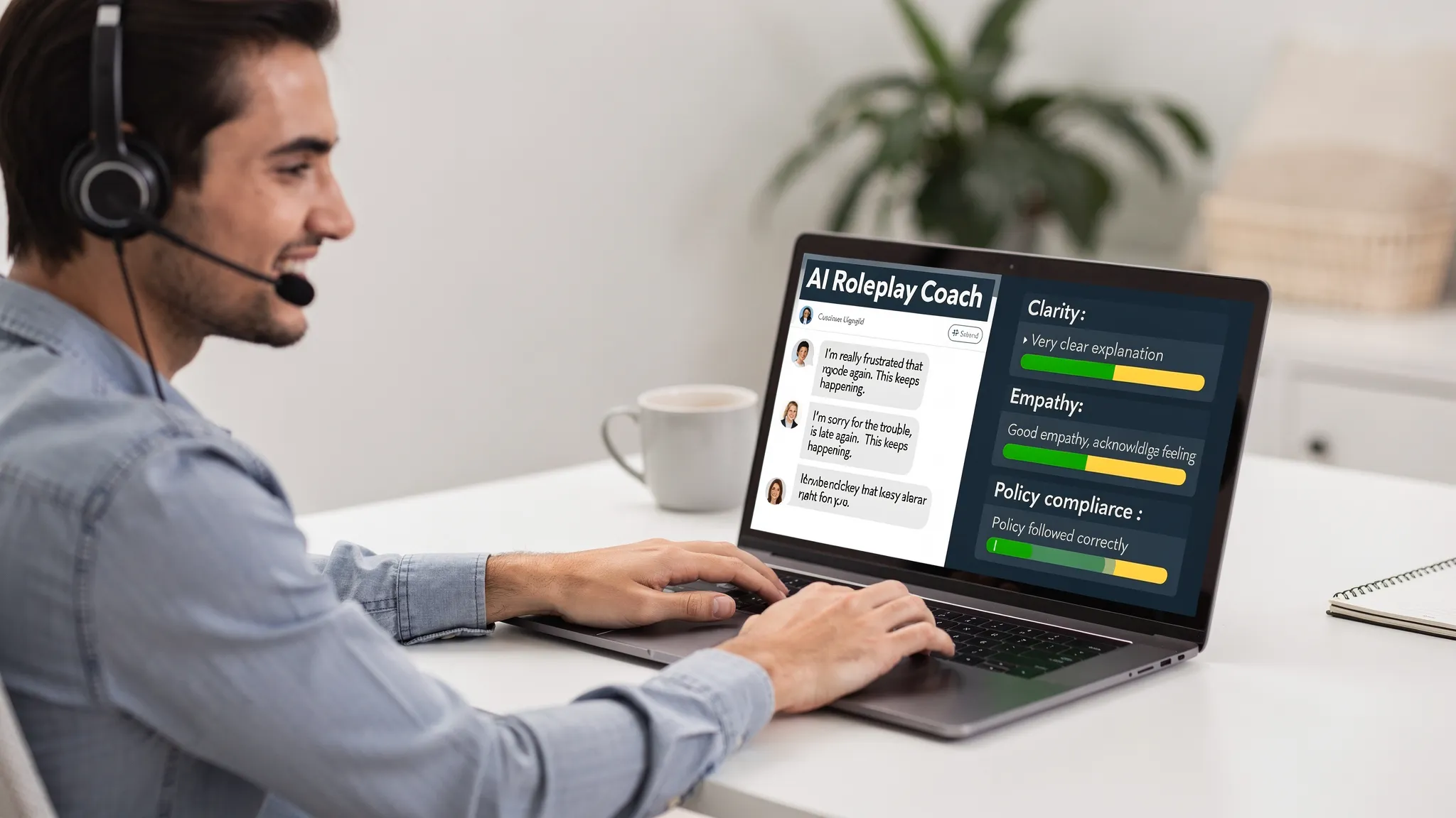 A customer support representative practicing an AI roleplay conversation on a laptop, with on-screen speech bubbles showing a customer complaint and a coaching panel showing real-time feedback, clarity, empathy, and policy compliance.