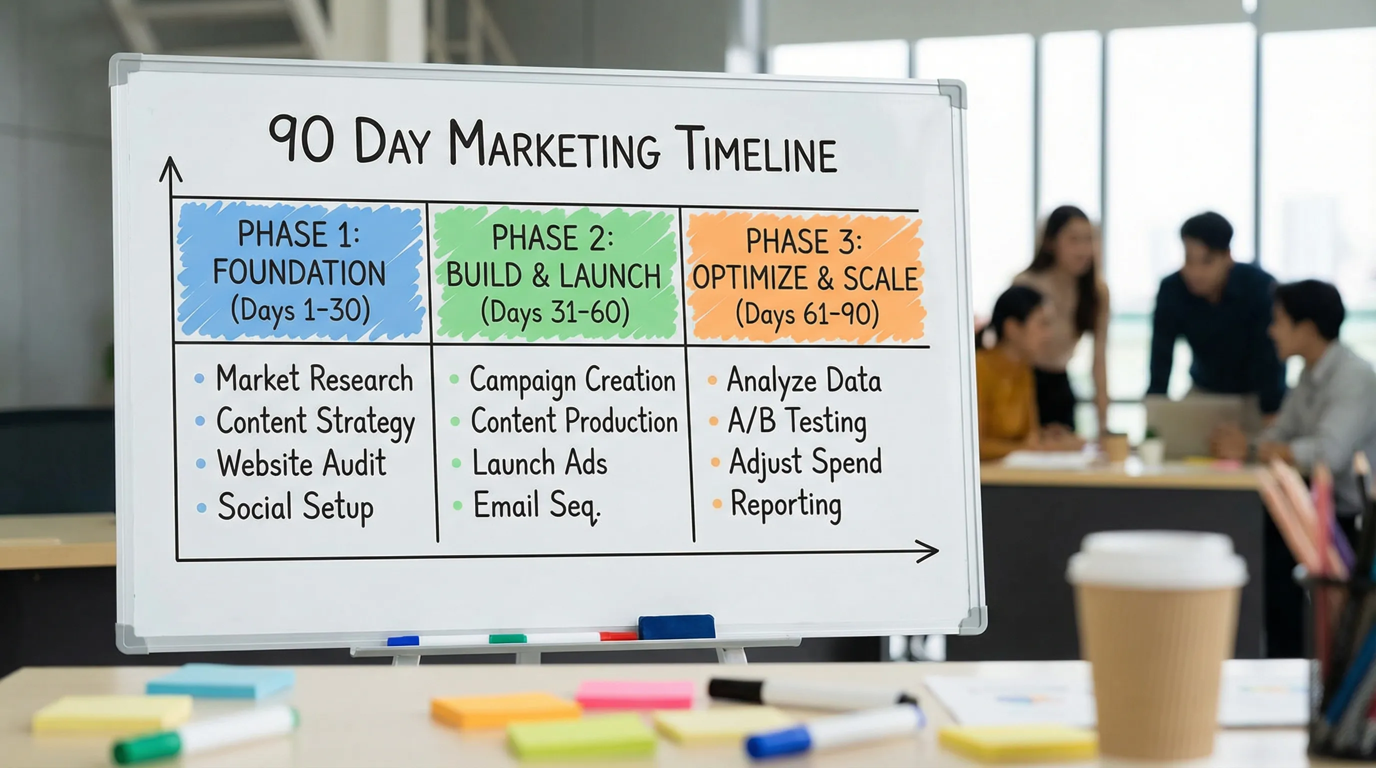 A simple 90-day marketing timeline split into three phases: Foundation (days 1-30), Build and Launch (days 31-60), Optimize and Scale (days 61-90), with key deliverables under each phase.