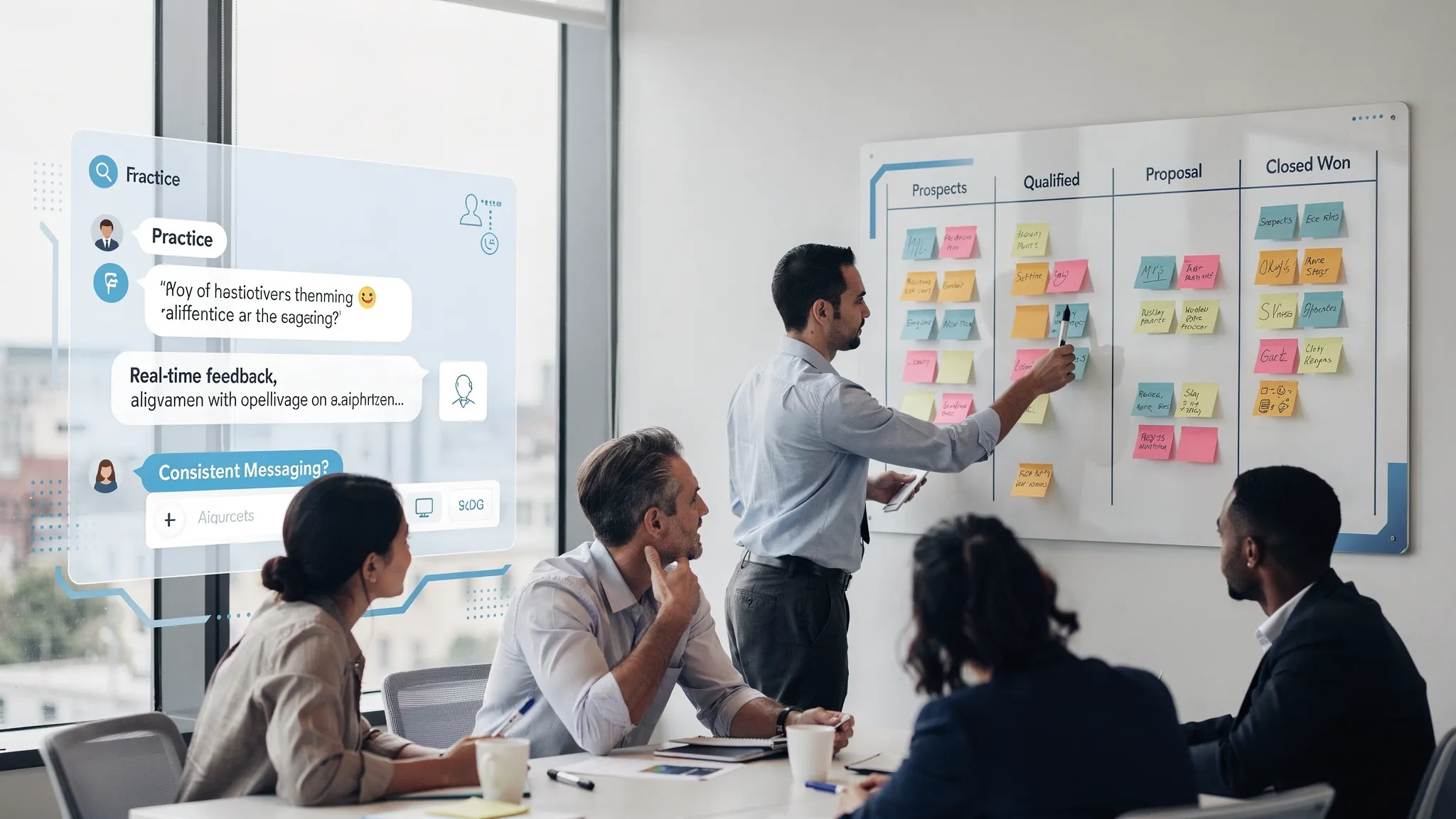 A sales and service training scene showing a small team discussing a pipeline board while an AI roleplay interface concept is illustrated beside them, emphasizing practice, feedback, and consistent messaging.