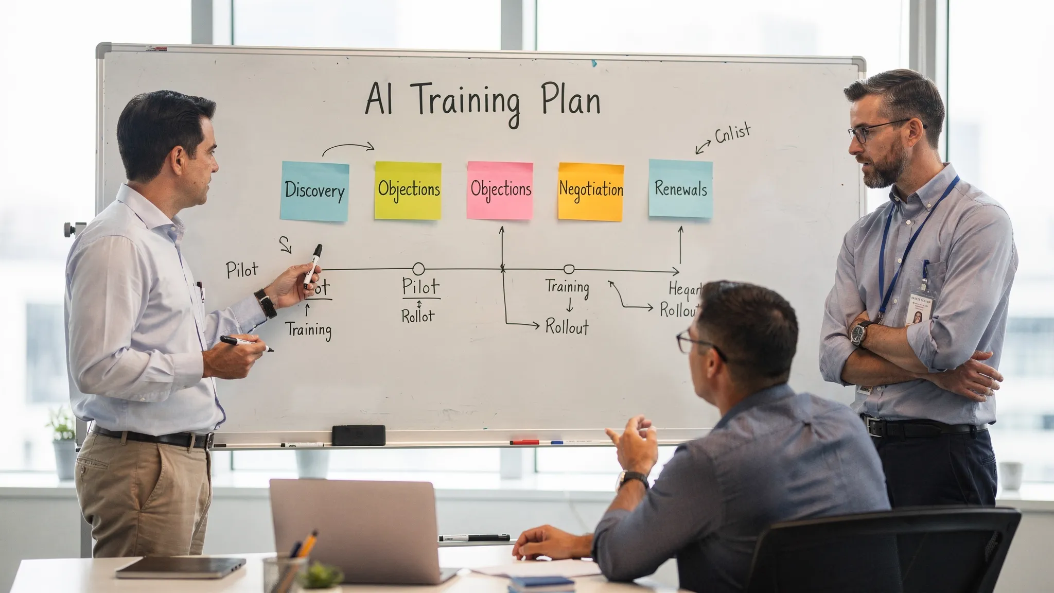 A sales enablement leader, a sales manager, and an IT/security partner reviewing an AI training plan on a whiteboard with sticky notes labeled “Discovery,” “Objections,” “Negotiation,” and “Renewals,” plus a simple timeline for pilot to rollout.