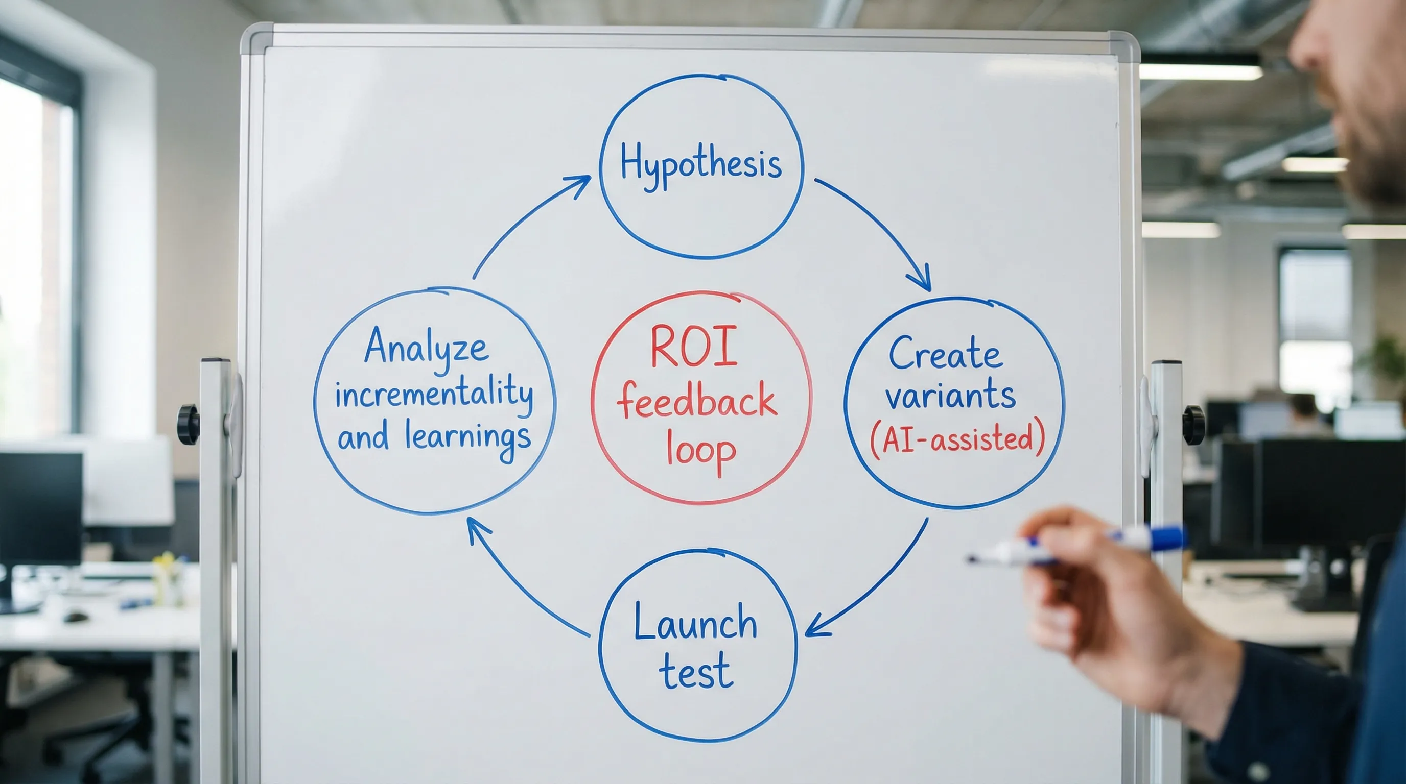 A simple marketing experiment loop diagram with four steps in a circle: Hypothesis, Create variants (AI-assisted), Launch test, Analyze incrementality and learnings, with a central label “ROI feedback loop.”