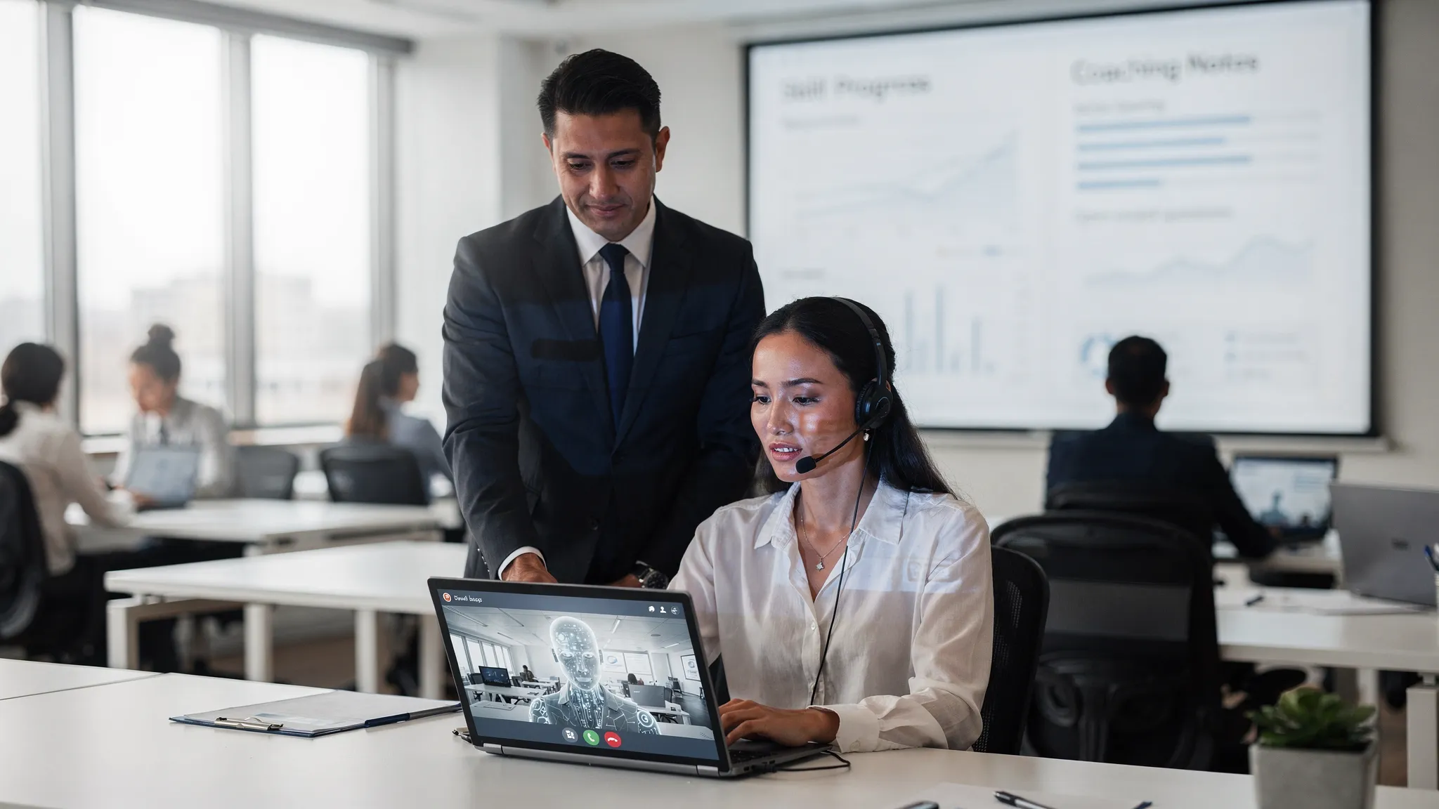 A sales manager watches a representative practice a discovery call with an AI buyer on a laptop in a modern sales floor. The scene shows subtle analytics on a wall screen indicating skill progress and coaching notes, emphasizing roleplay-based training in a revenue organization.