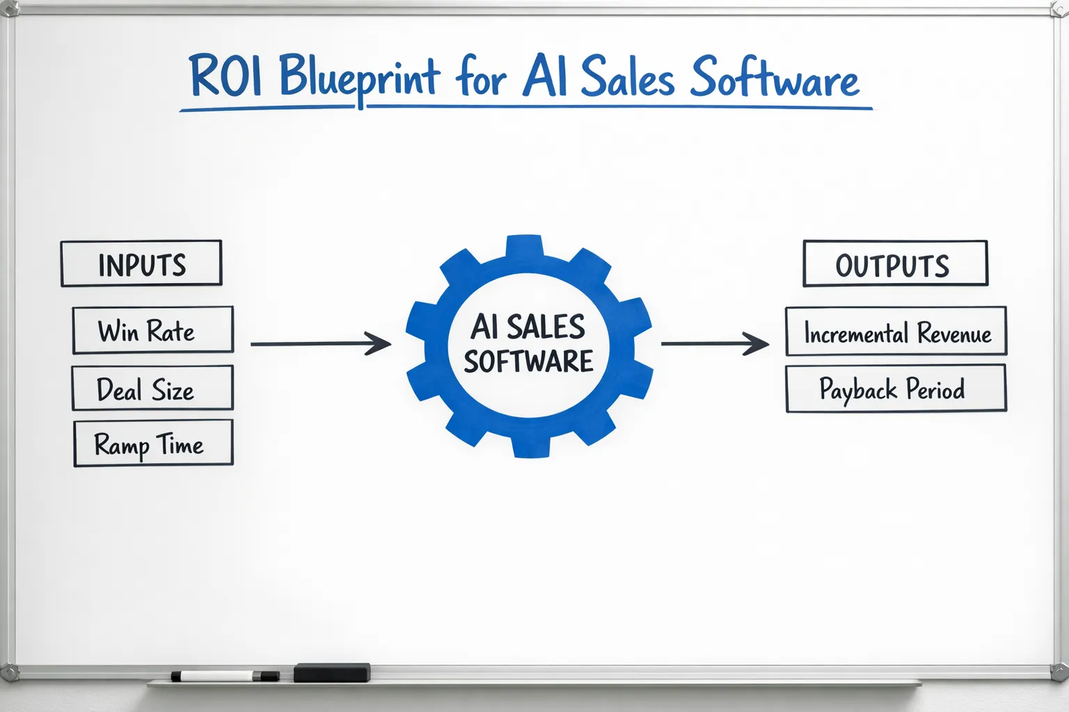 A simple whiteboard-style ROI blueprint for AI sales software showing inputs like win rate, deal size, ramp time, and outputs such as incremental revenue and payback period, with clean arrows and labeled boxes.