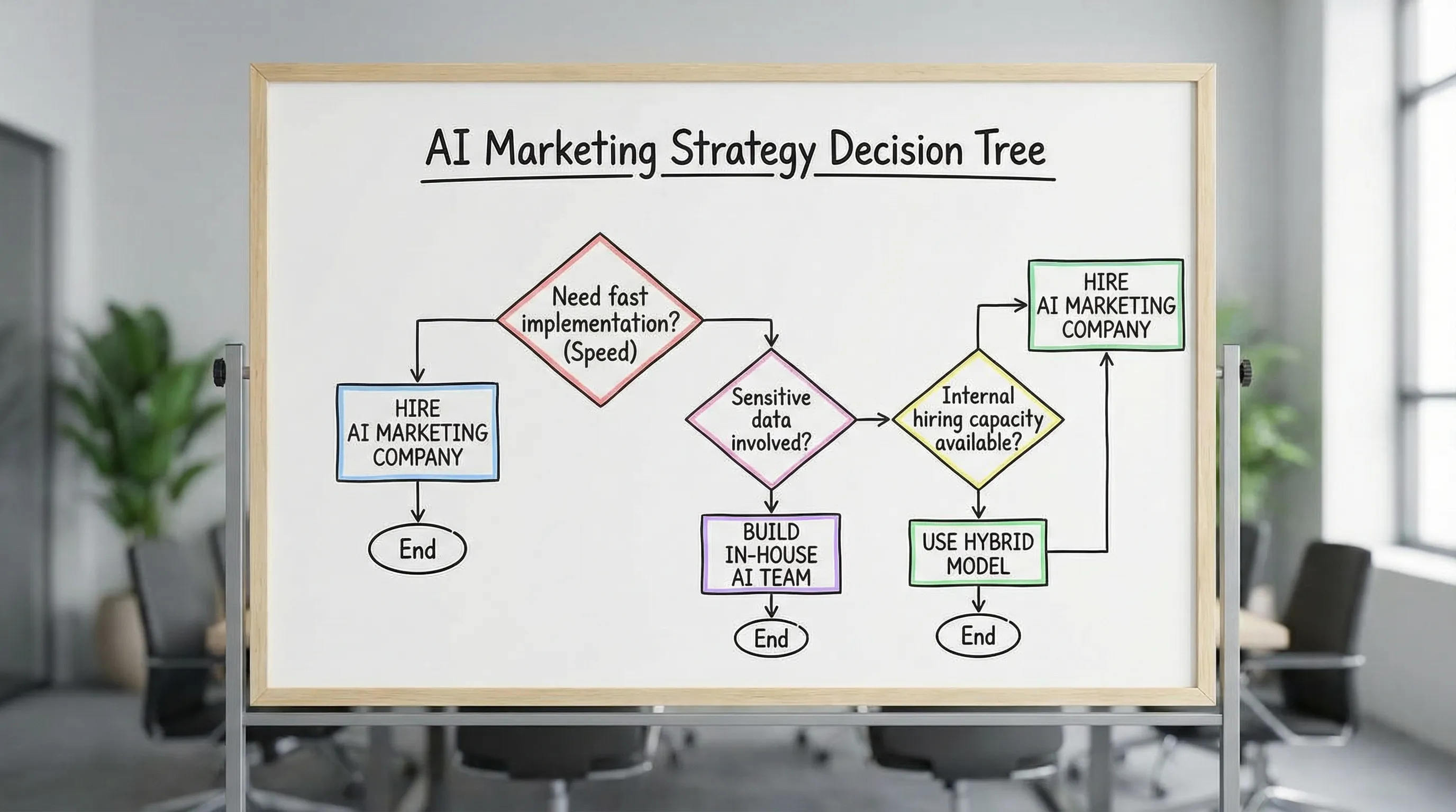 A simple decision flowchart showing three paths: hire an AI marketing company, build an in-house AI marketing team, or use a hybrid model, with decision questions about speed, data sensitivity, and internal hiring capacity.
