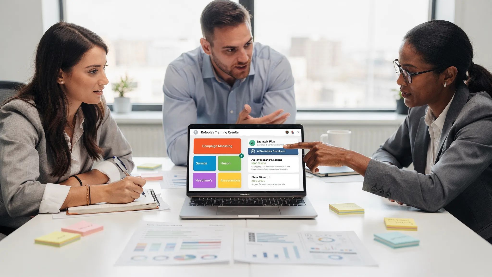 A revenue team workshop scene with a marketer, sales manager, and support lead reviewing campaign messaging alongside AI roleplay training results on a laptop screen, aligned around a shared launch plan.
