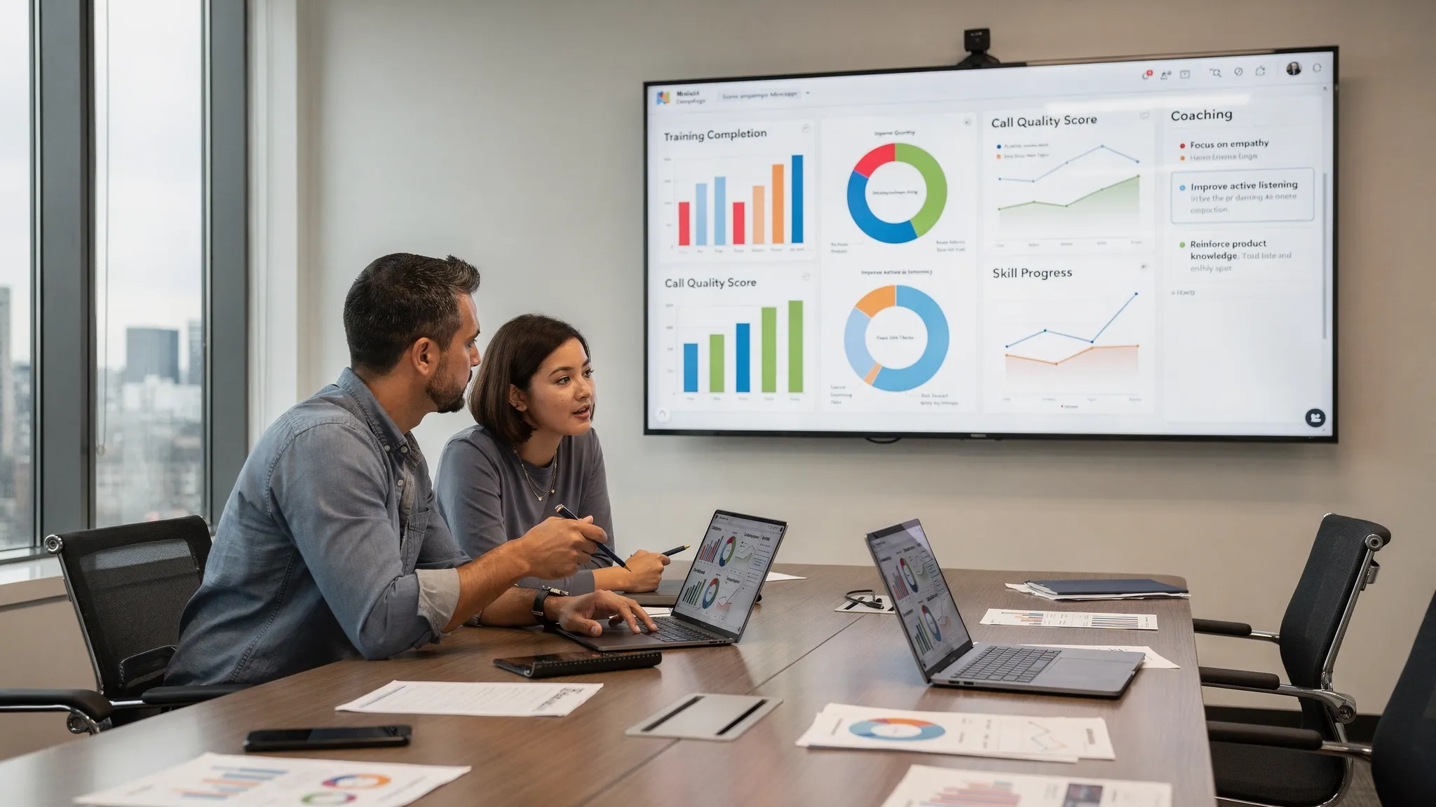 A sales enablement manager and customer service leader reviewing training performance data and roleplay results together, with charts, skill progress indicators, and coaching notes visible on a forward-facing screen.