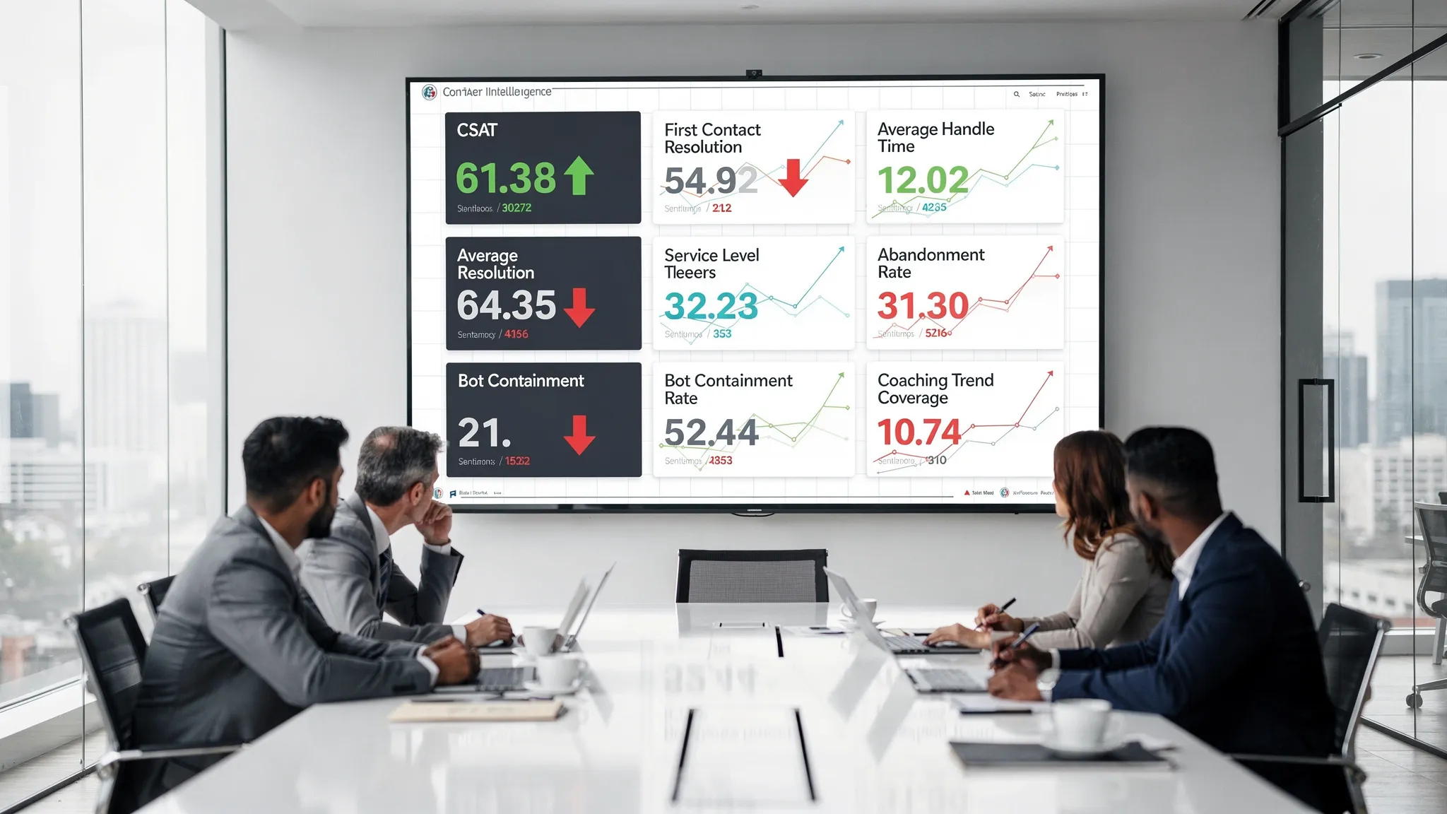 A modern contact center intelligence dashboard on a large screen, showing tiles for CSAT, First Contact Resolution, Average Handle Time, Service Level, Abandonment Rate, Bot Containment, Sentiment Trend, and Coaching Coverage, with green and red trend arrows and a small team collaborating at a conference table in the foreground.