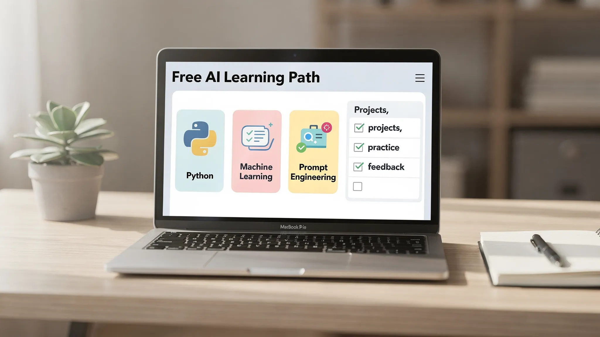 A clean desk scene showing a laptop open to a learning dashboard titled “Free AI Learning Path,” with icons for Python, machine learning, prompt engineering, and a checklist labeled “projects, practice, feedback.”