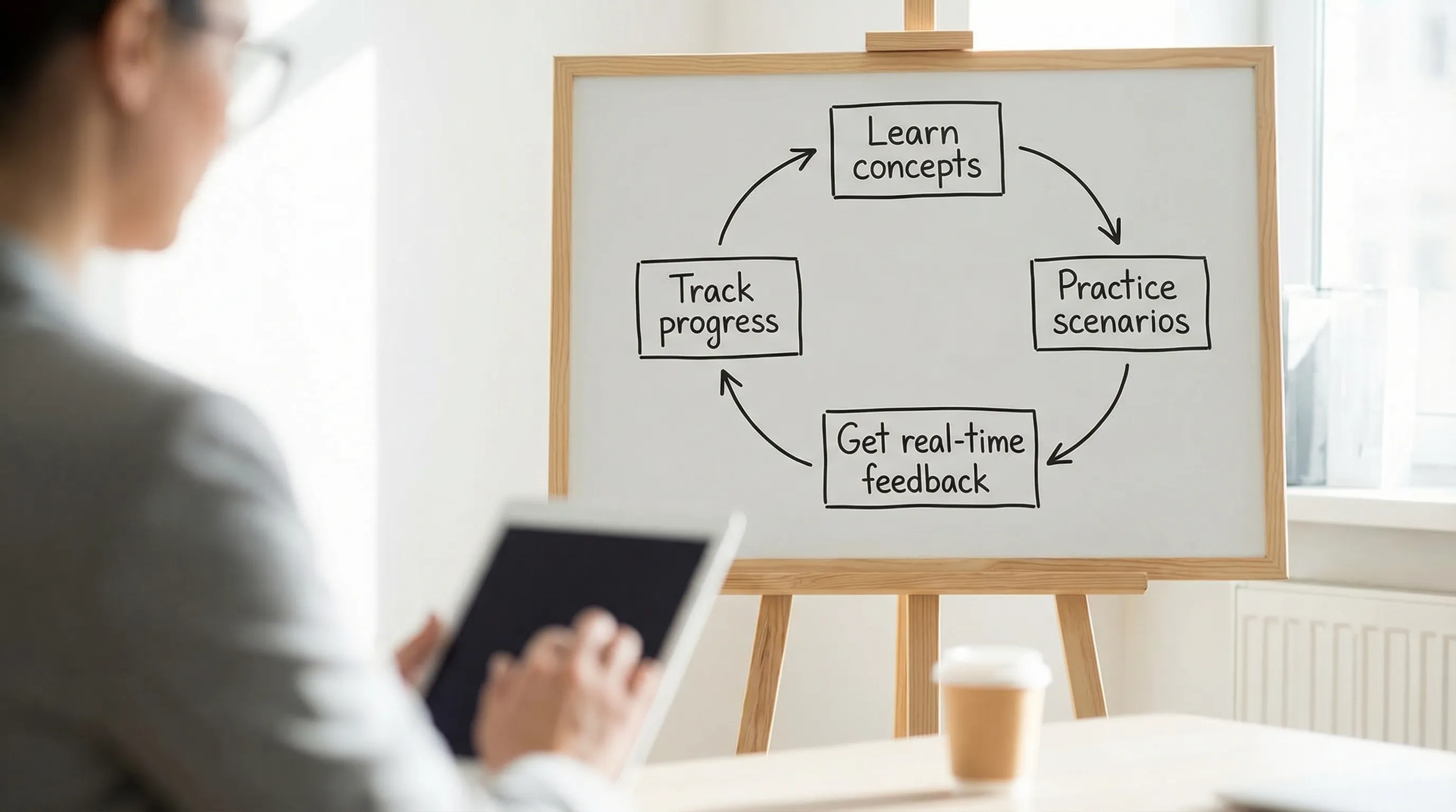 A simple illustration of a learning loop: “Learn concepts” leading to “Practice scenarios,” then “Get real-time feedback,” then “Track progress,” forming a closed loop.