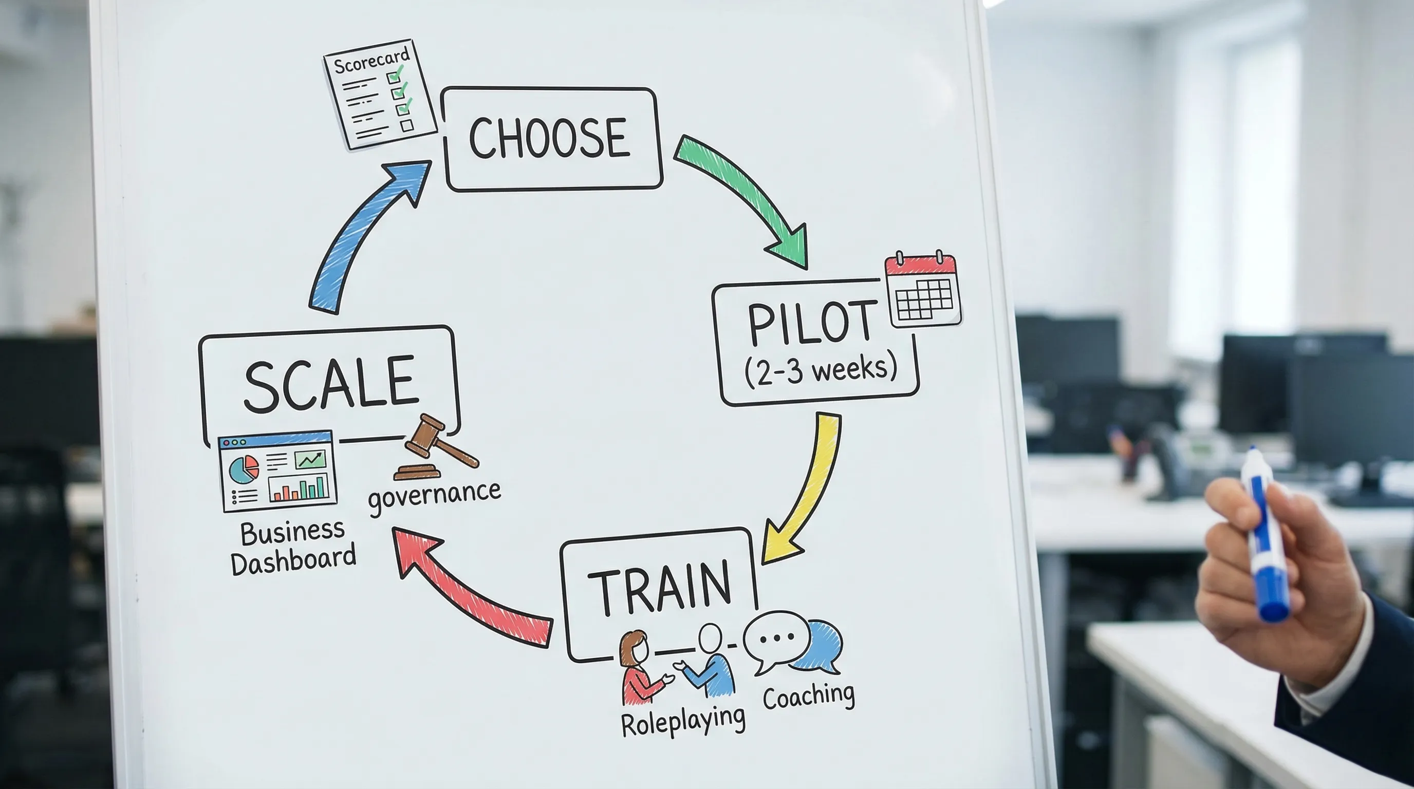 Simple rollout diagram showing four stages in a loop: Choose (scorecard), Pilot (2-3 weeks), Train (roleplay and coaching), Scale (dashboards and governance).