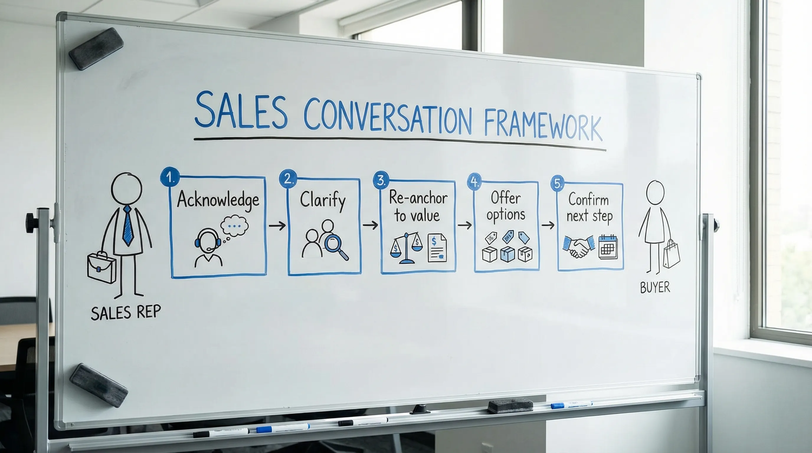A simple five-step framework diagram showing Acknowledge, Clarify, Re-anchor to value, Offer options, Confirm next step, with a sales rep and buyer icons next to the steps.