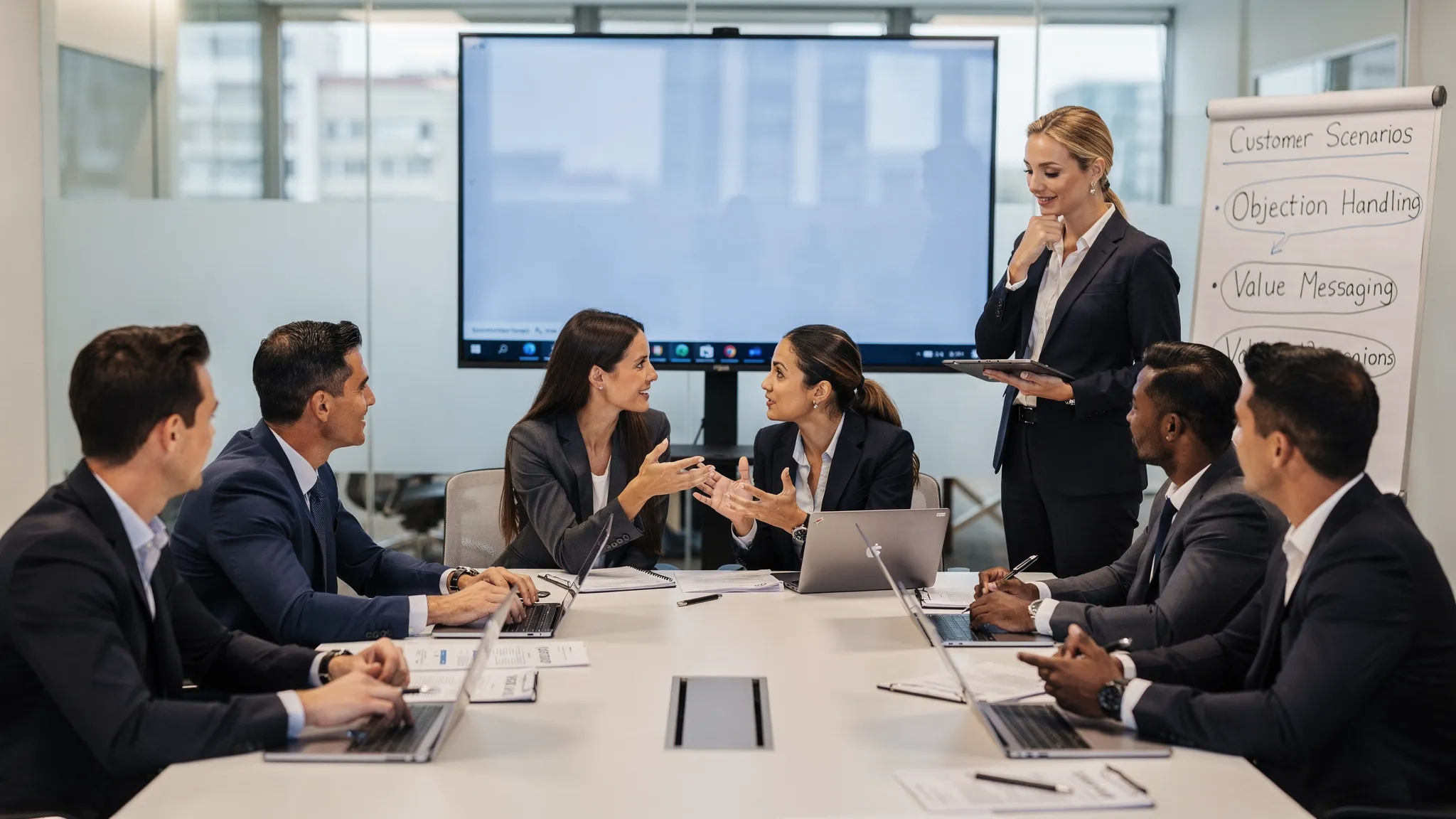 A sales team practicing roleplay conversations in a modern training room, with a facilitator observing and team members discussing customer scenarios, objection handling, and value messaging.