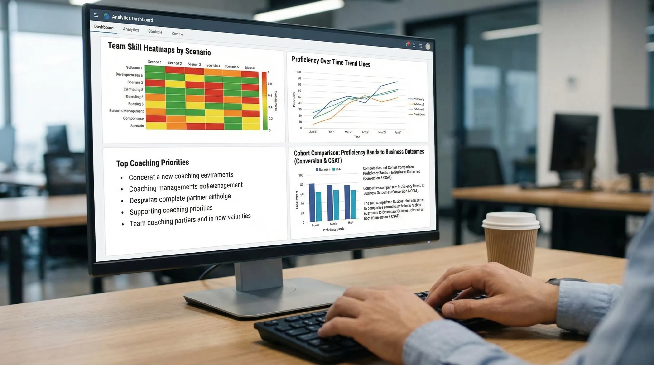 An analytics dashboard concept showing team skill heatmaps by scenario type, trend lines for proficiency over time, a list of top coaching priorities, and a cohort comparison panel linking proficiency bands to business outcomes like conversion rate and CSAT.