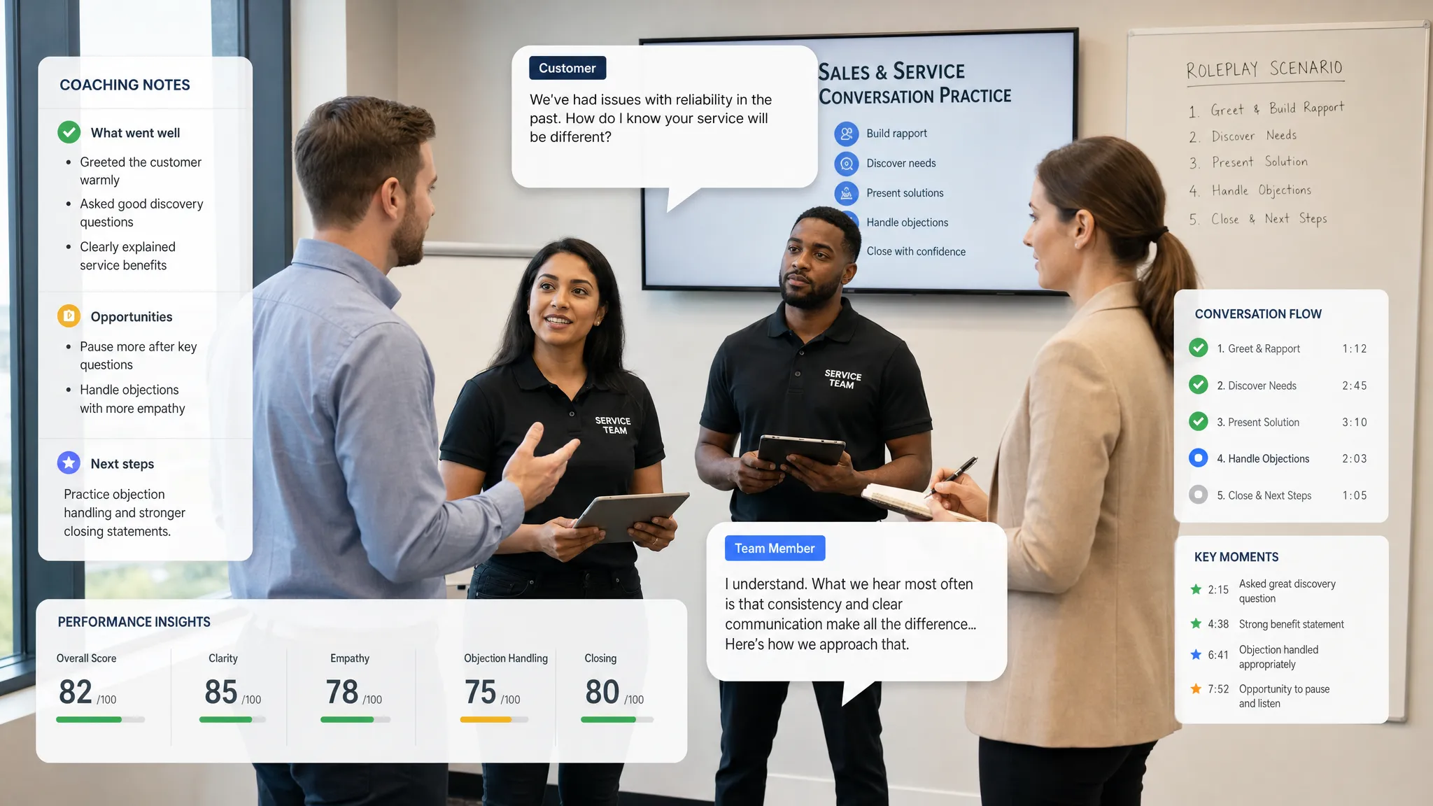 A sales and service team standing in a training space while practicing customer conversations, with coaching notes, speech bubbles, and performance insights shown around them.