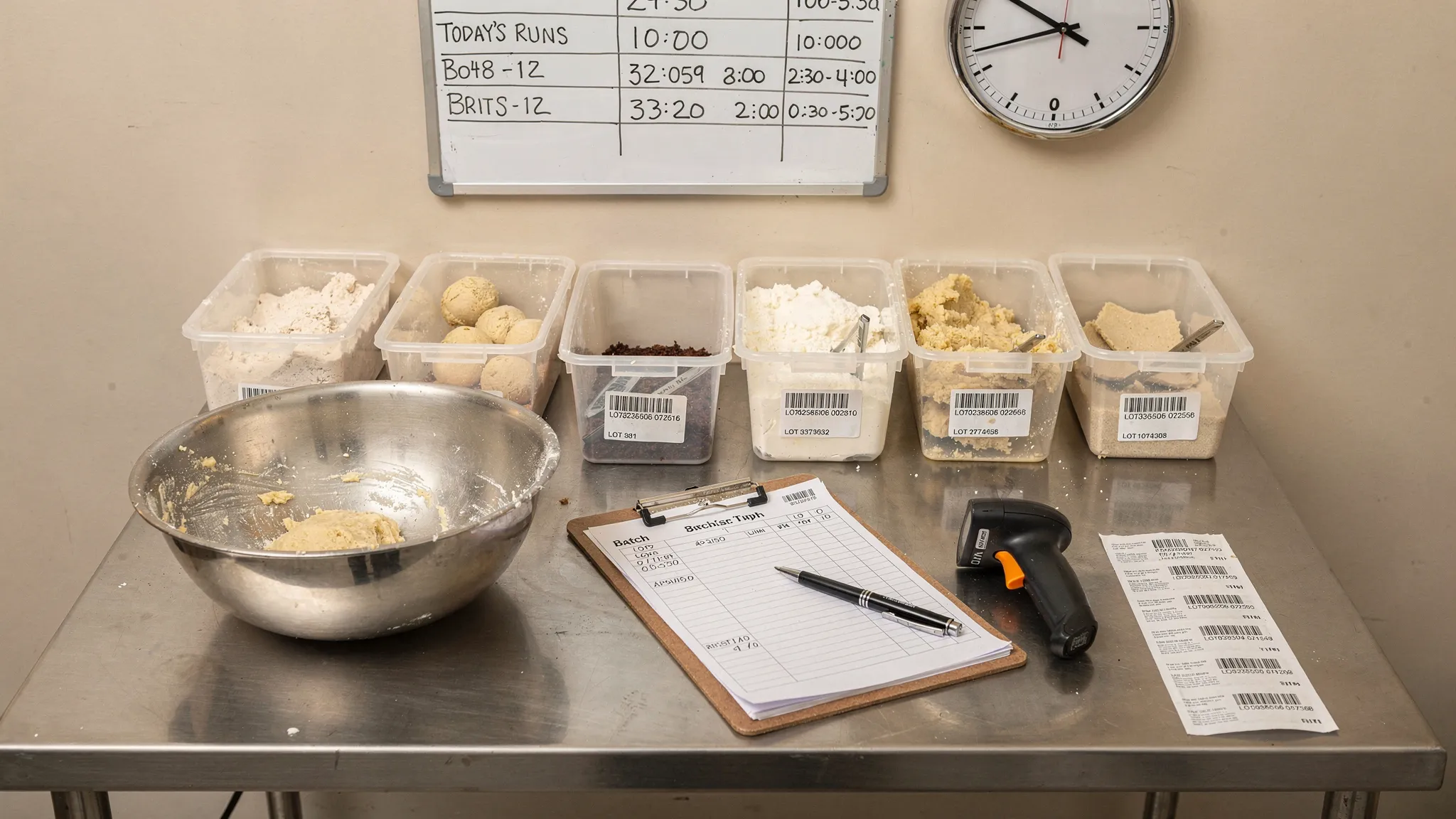 Overhead view of a small food production bench with stainless steel bowls, ingredient bins labeled with lot codes and best-by dates, a worn clipboard with a handwritten batch log, and a barcode scanner next to a sheet of printed lot labels. A wall whiteboard lists today's runs and a clock shows the middle of a busy shift.