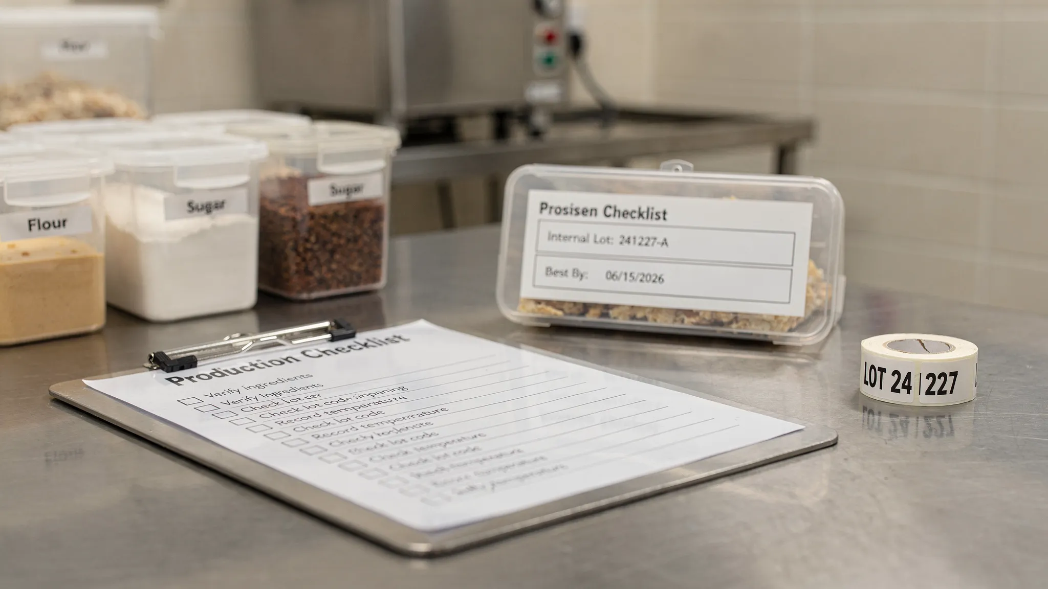 A laminated 4x6 pocket checklist clipped to a stainless-steel clipboard on a small food production line. Nearby are labeled ingredient bins, a roll of pre-printed lot-code stickers, and a clear case label showing an internal lot code and best-by date.