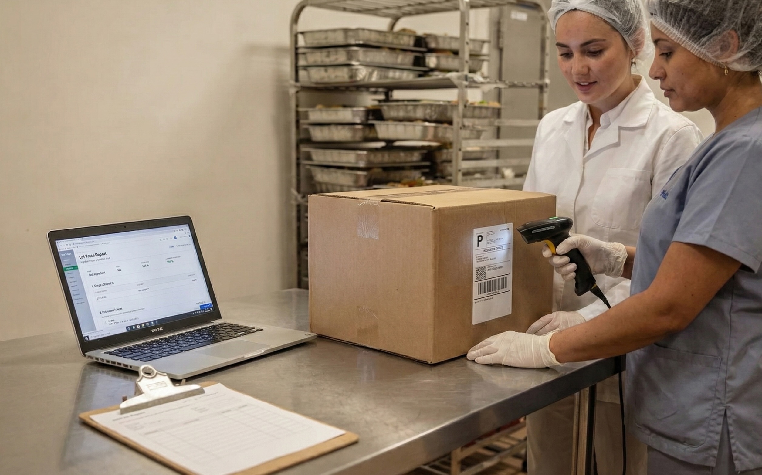 Food production worker using digital batch tracking system