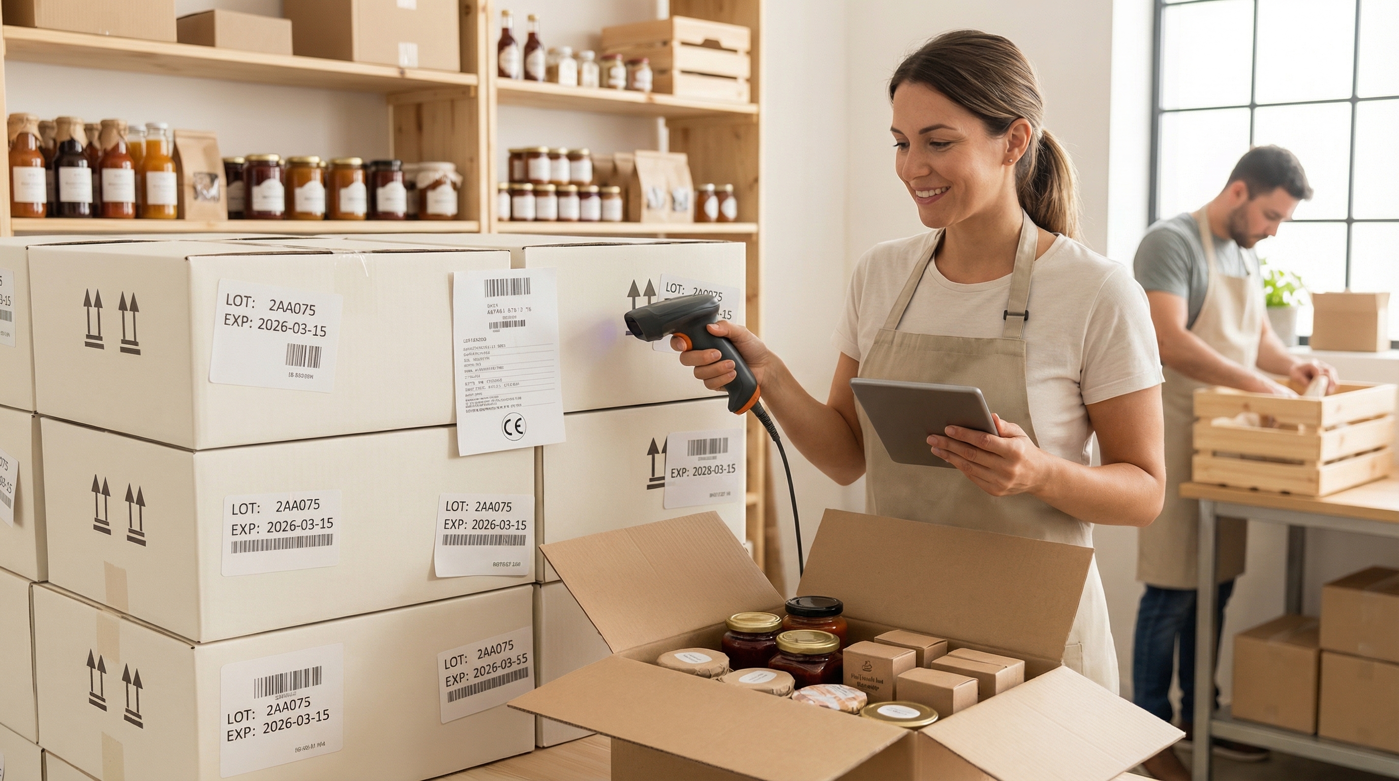A quality technician in a mid-size food production facility scanning a printed lot label on a pallet, with visible case labels showing lot codes and expiry dates.