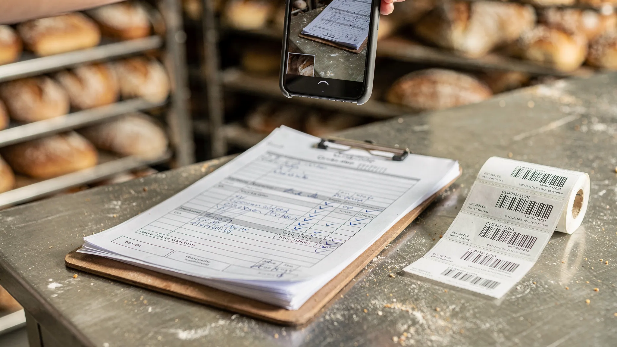 A stainless prep table with a messy clipboard of batch sheets, a roll of printed lot labels, and a phone taking a quick overhead photo of the top sheet. In the background, racks of cooling loaves are visible, and the scene conveys a working bakery capturing paper forms without stopping production.
