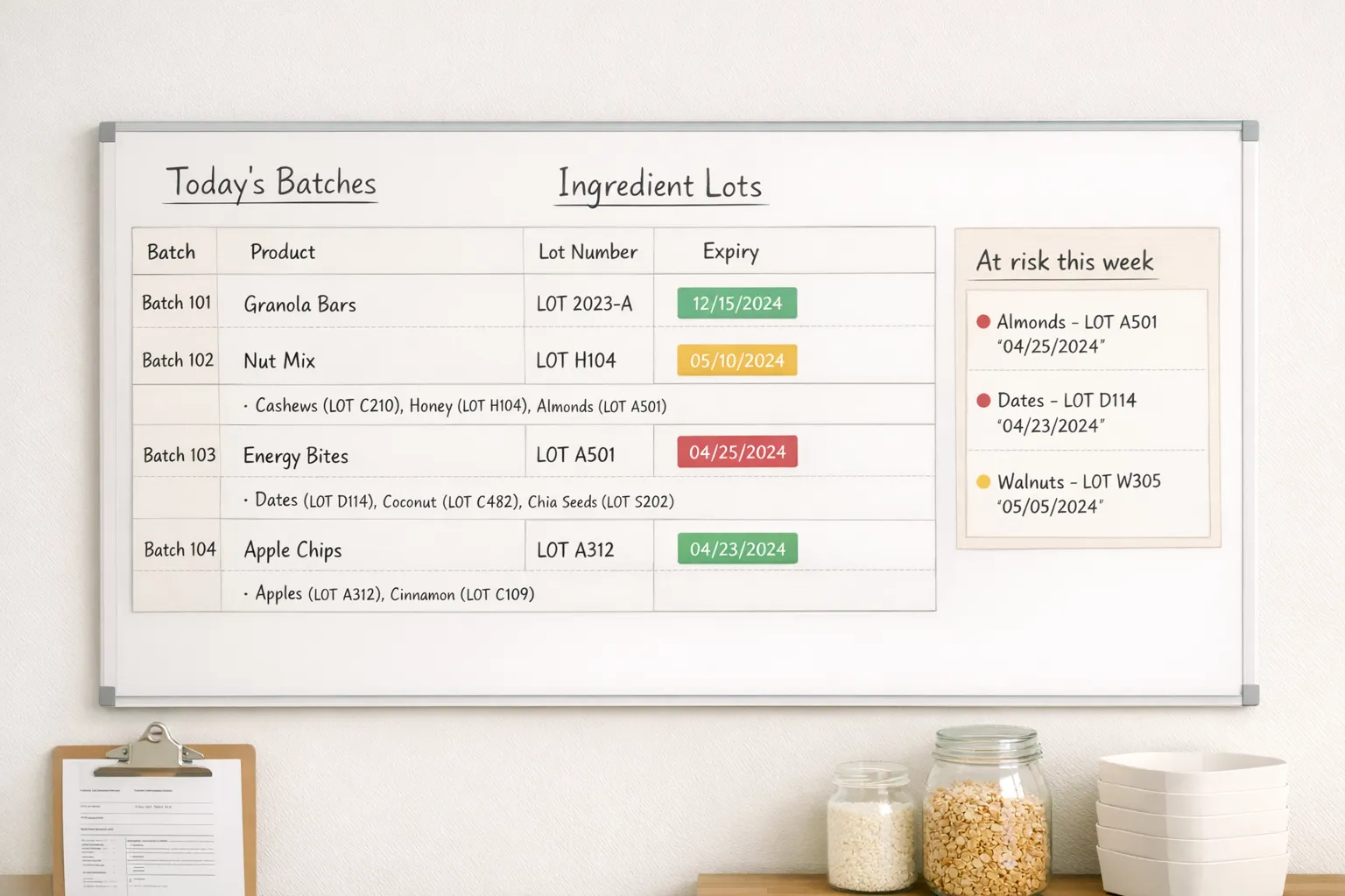 A simple production board view showing today's batches with linked ingredient lots, color-coded expiry warnings for FEFO, and a small panel listing At risk this week items. No people, just a clear visual of operational data helping a small food producer plan.